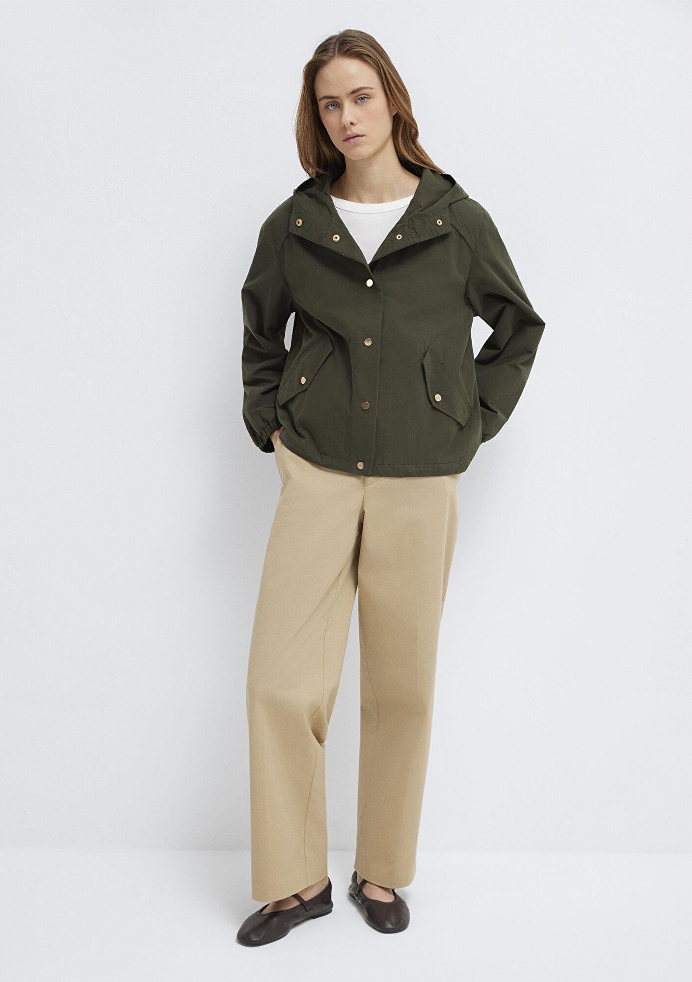 Mavi Kapüşonlu Haki Ceket Oversize / Geniş Kesim 1110812-80714