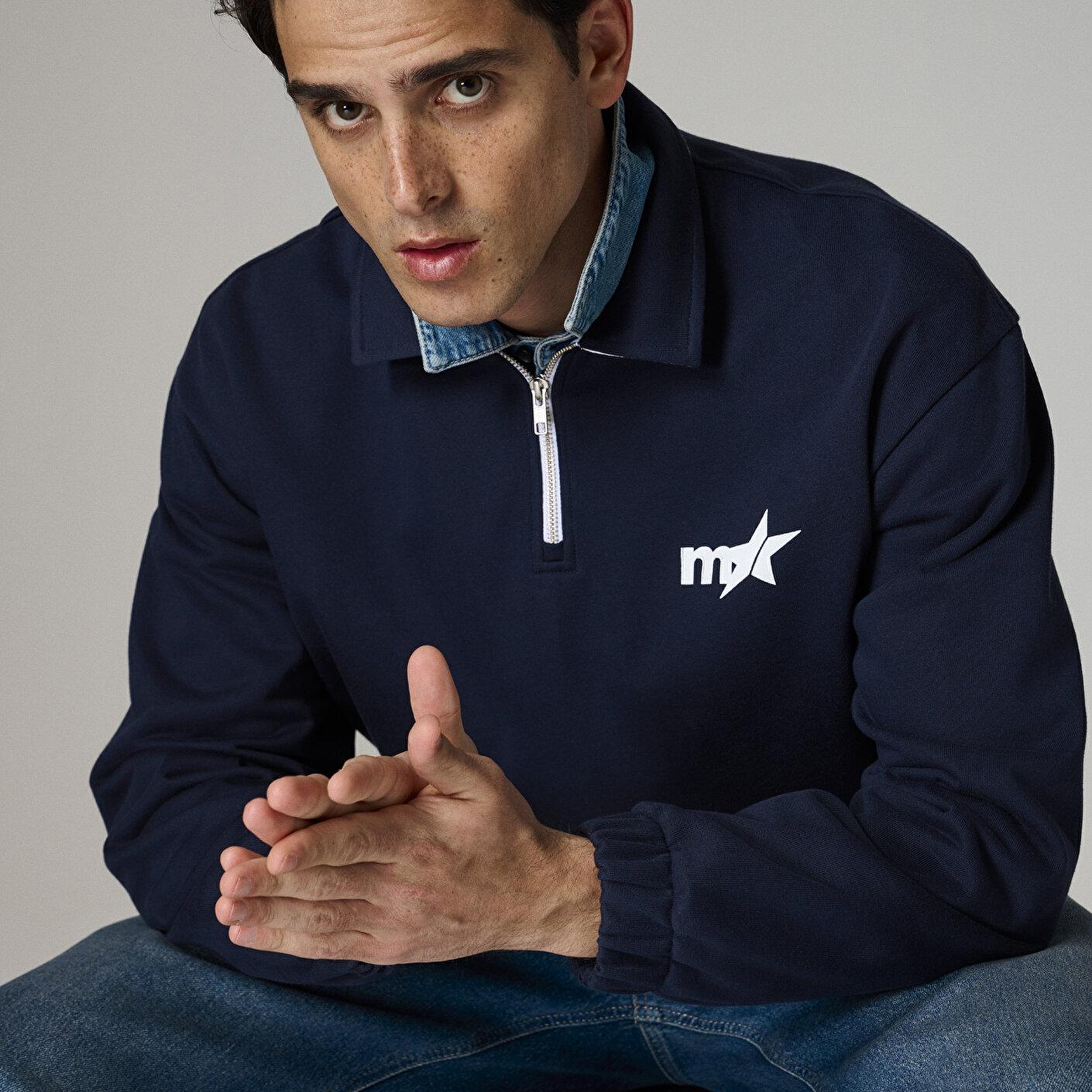 Baskılı Lacivert Polo Sweatshirt
