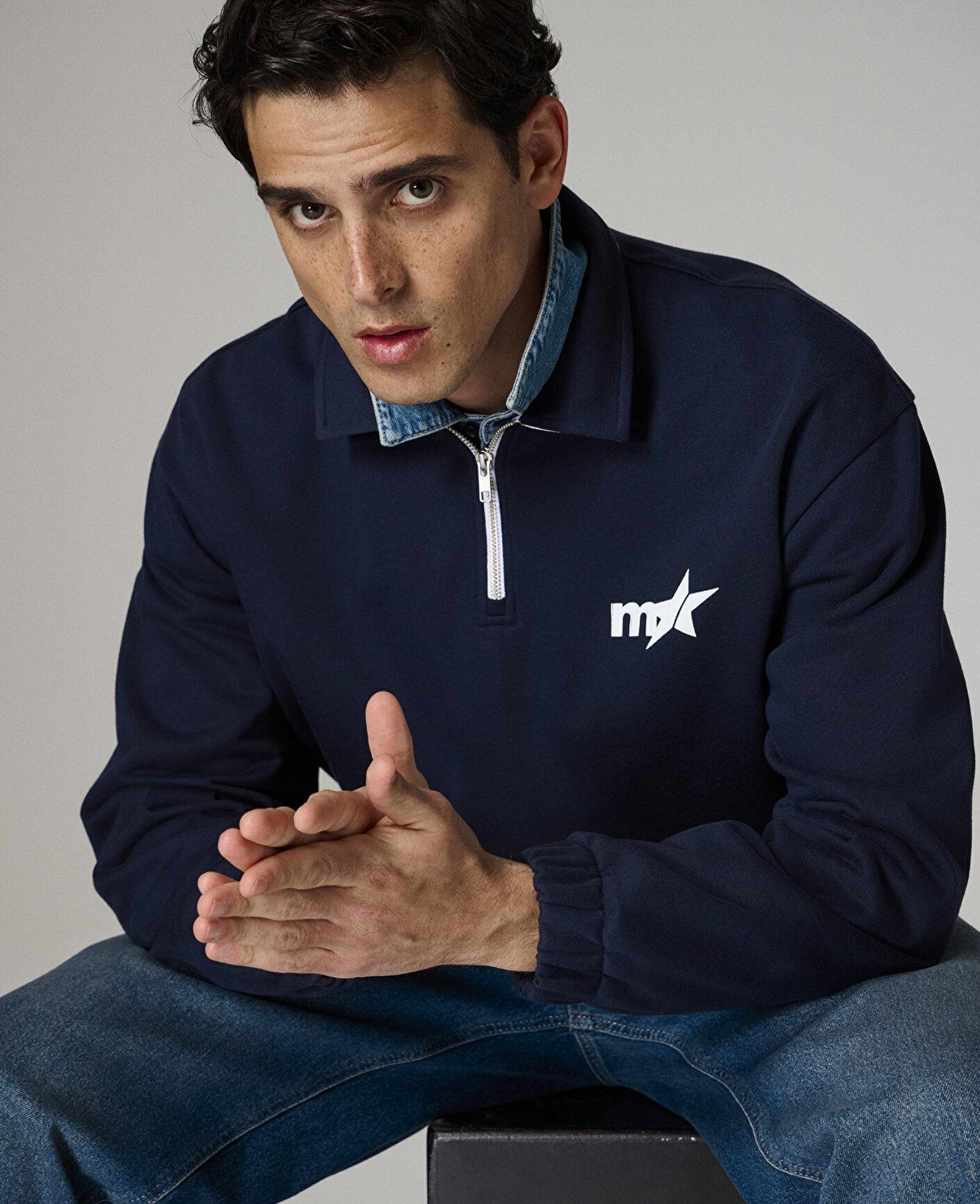 Baskılı Lacivert Polo Sweatshirt