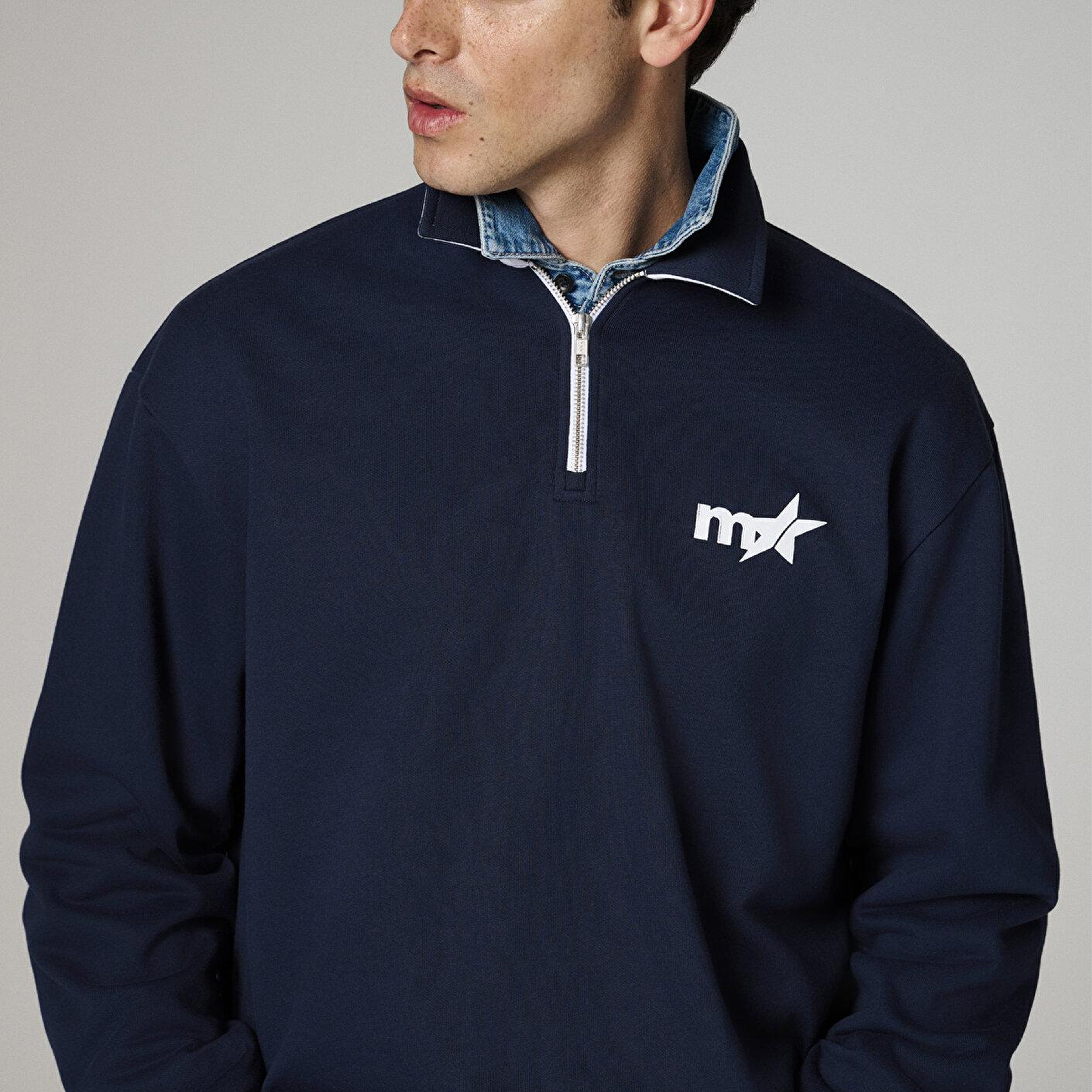 Baskılı Lacivert Polo Sweatshirt