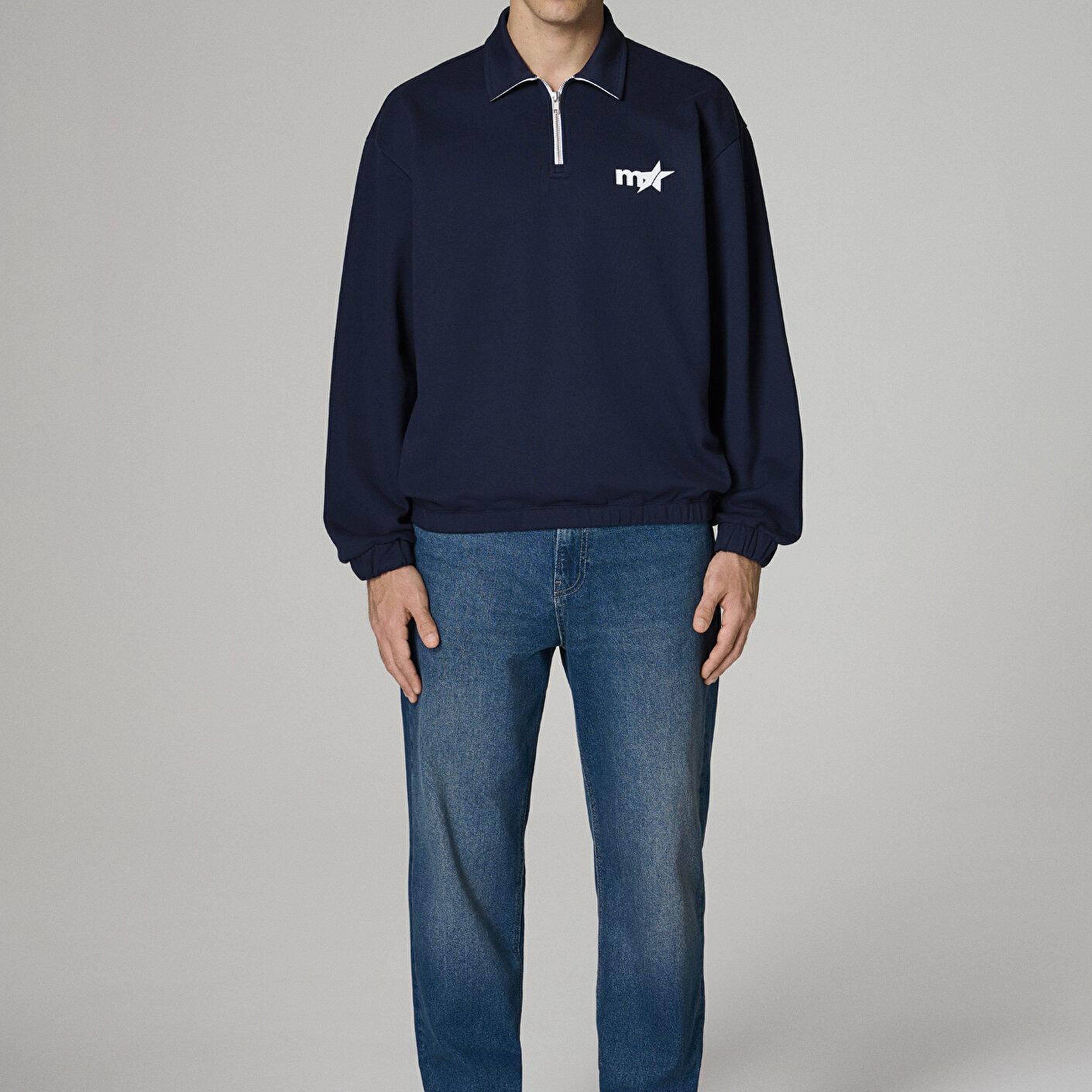 Baskılı Lacivert Polo Sweatshirt