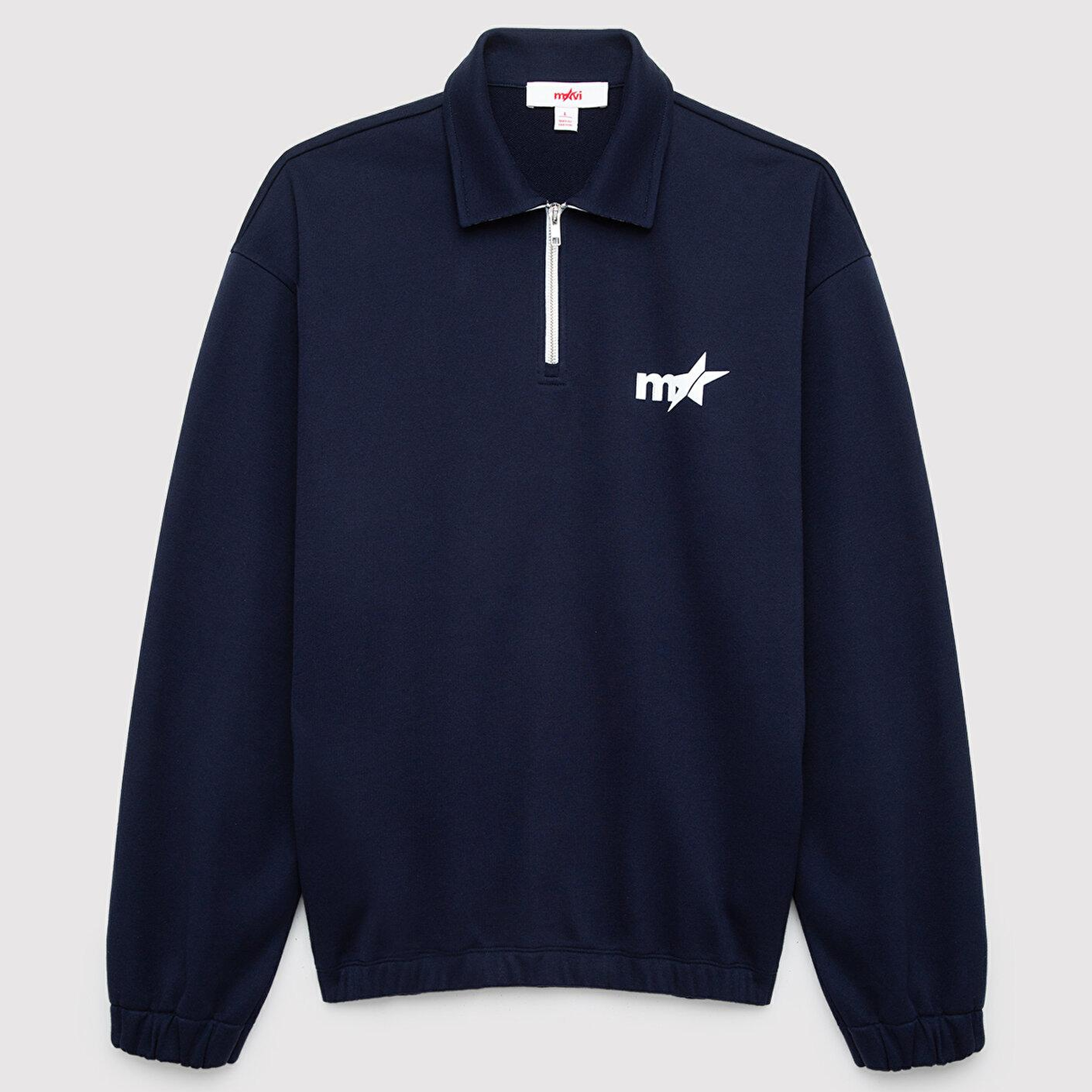 Baskılı Lacivert Polo Sweatshirt
