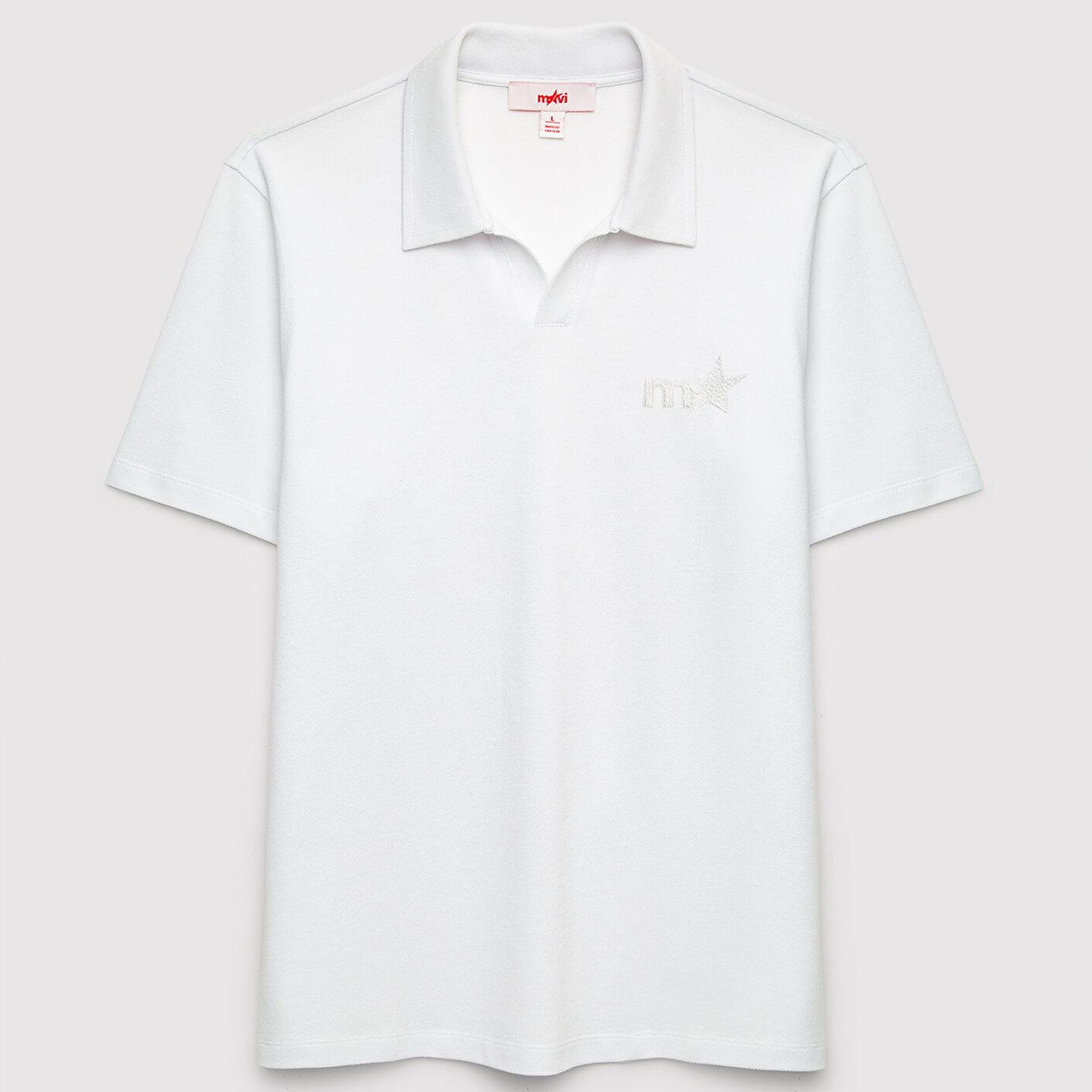 Nakışlı Beyaz Polo Tişört