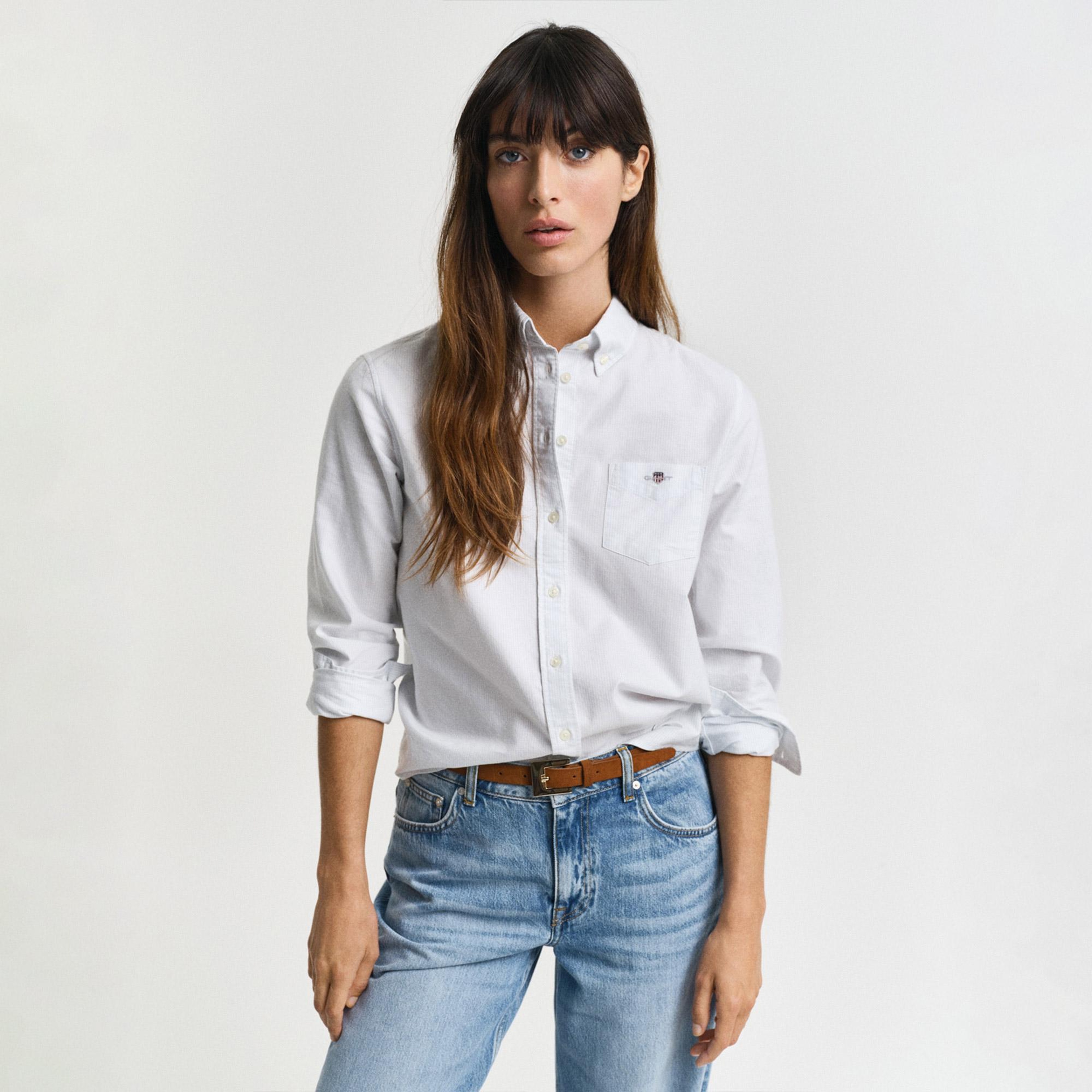 GANT Kadın Mavi Regular Fit Düğmeli Yaka Çizgili Gömlek