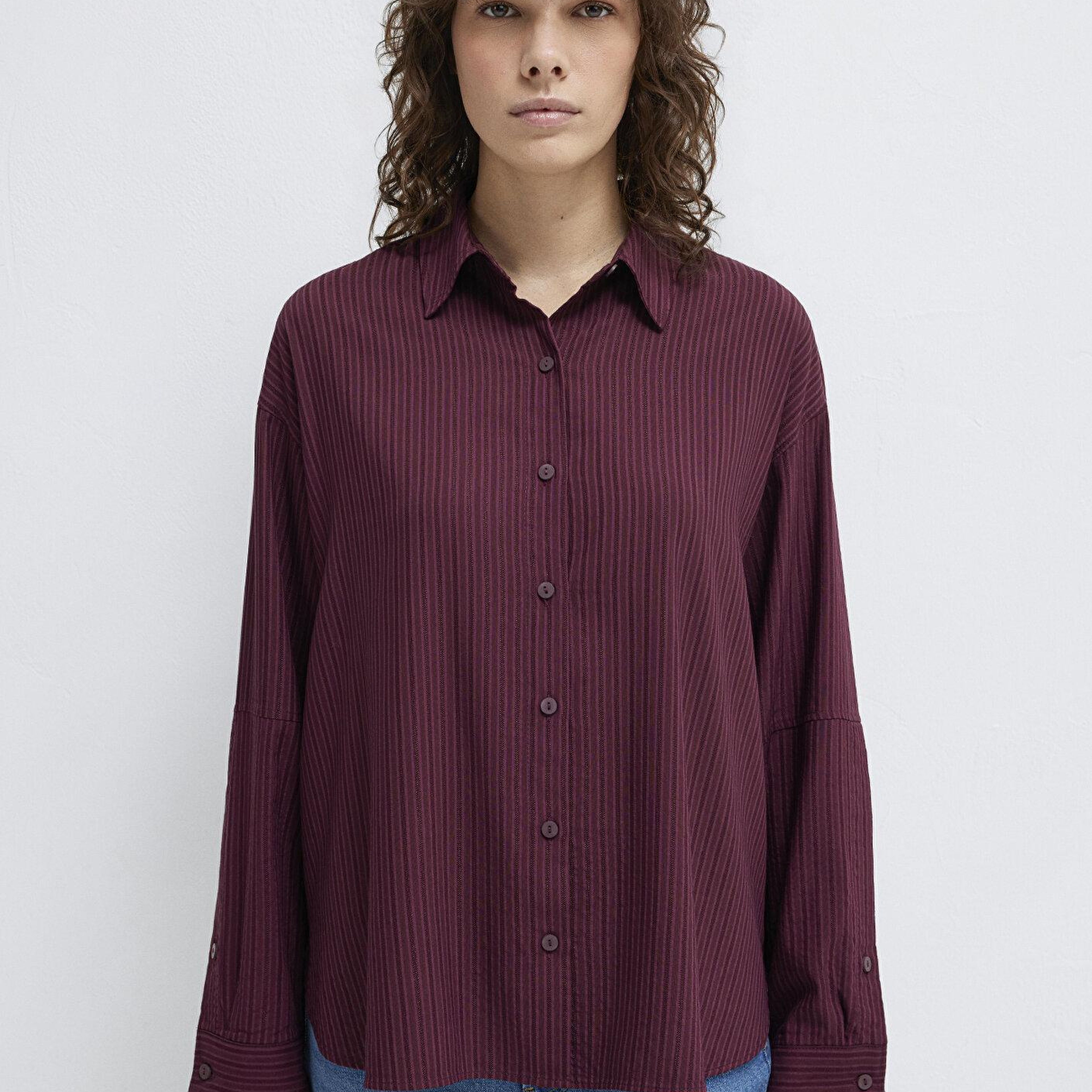 Mavi Çizgili Bordo Gömlek Oversize / Geniş Kesim 1210878-70434