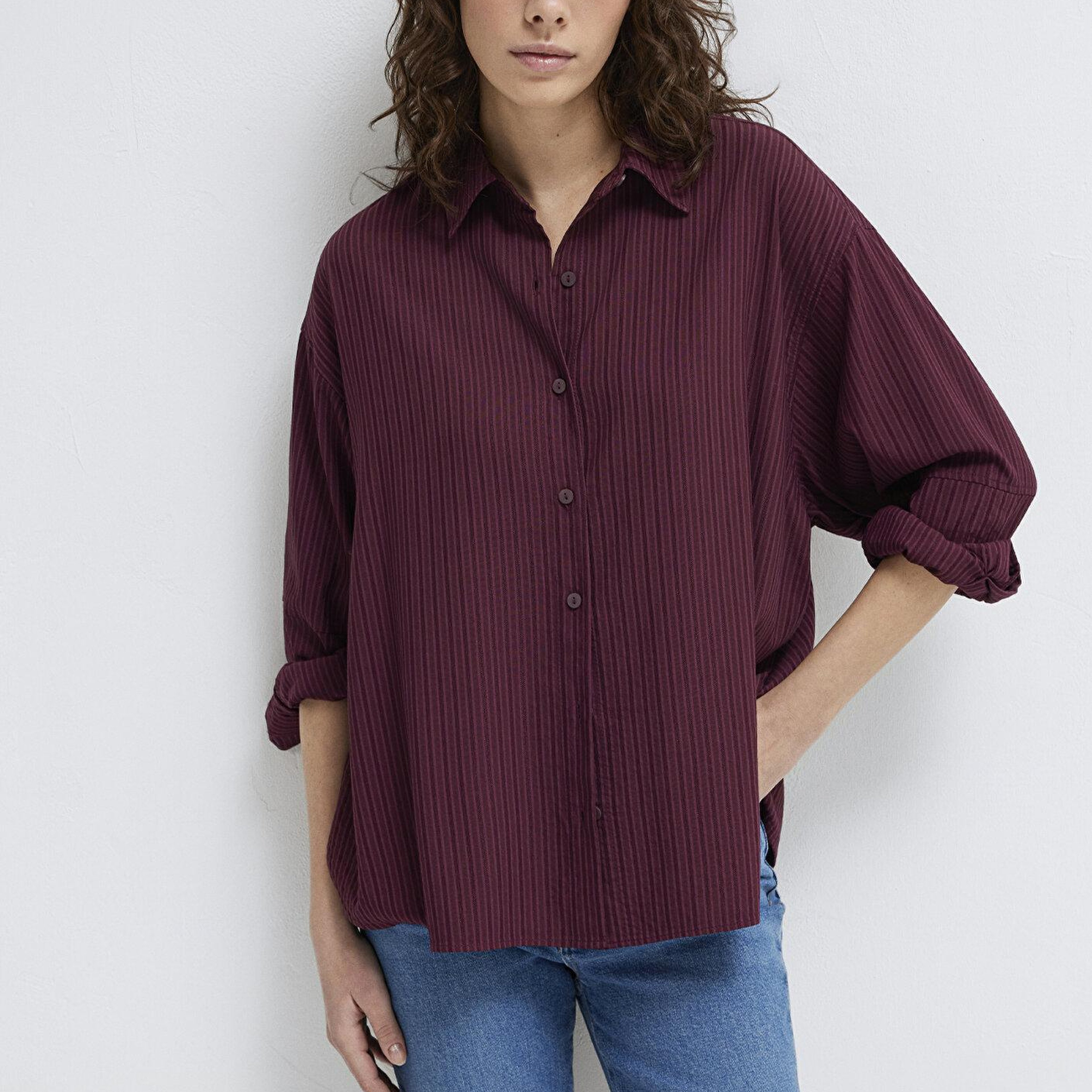 Mavi Çizgili Bordo Gömlek Oversize / Geniş Kesim 1210878-70434