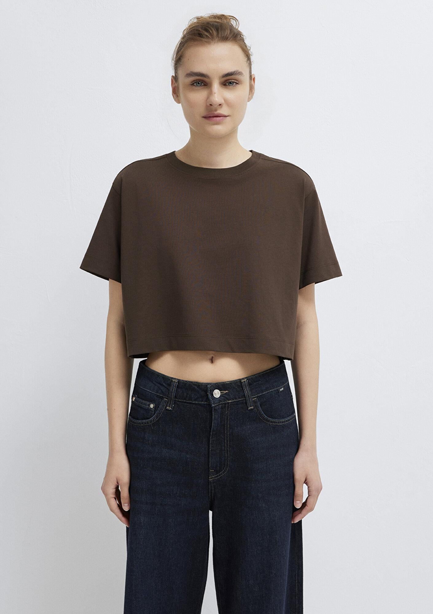 Mavi Kahverengi Basic Crop Tişört Crop / Kısa Kesim 1613910-90707