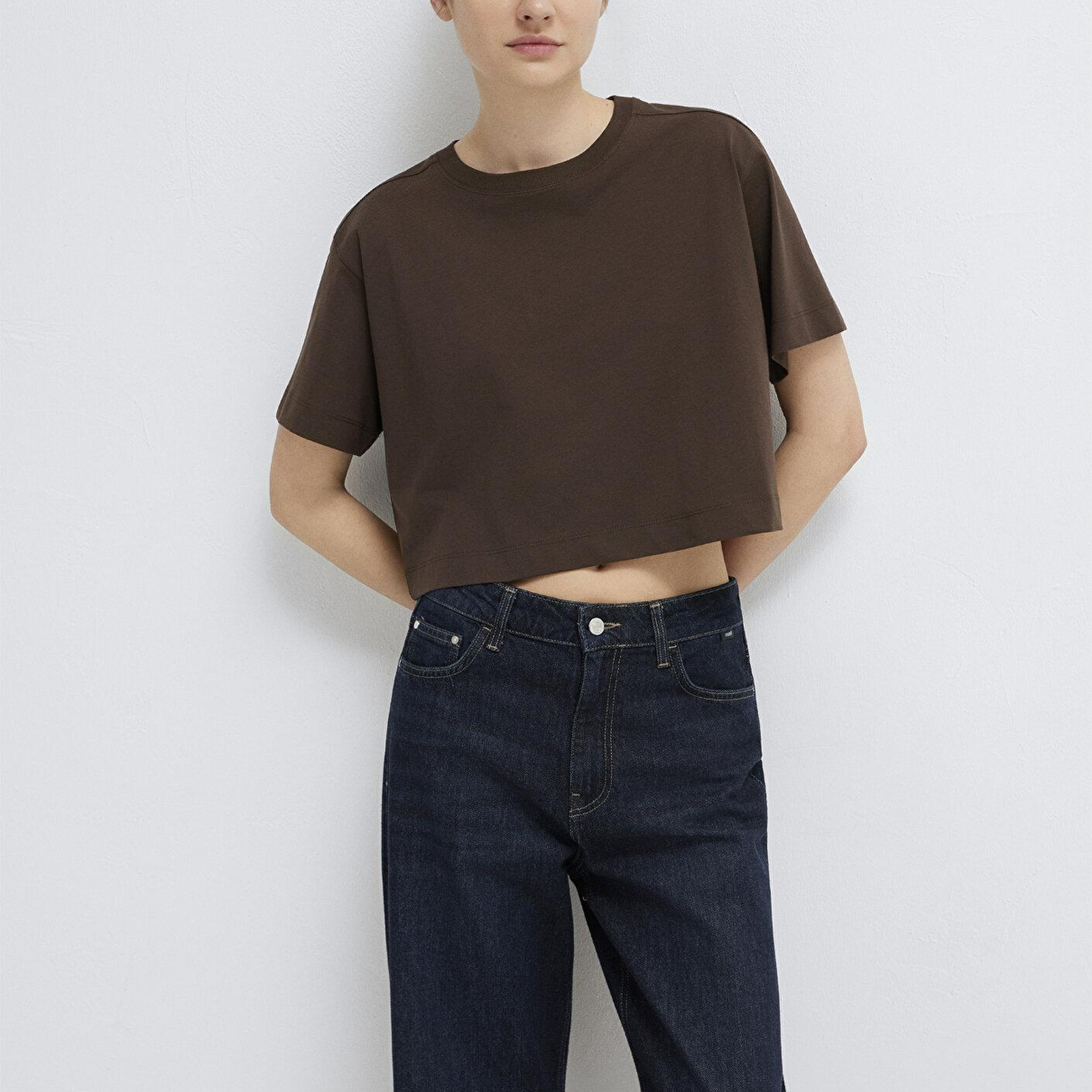 Mavi Kahverengi Basic Crop Tişört Crop / Kısa Kesim 1613910-90707