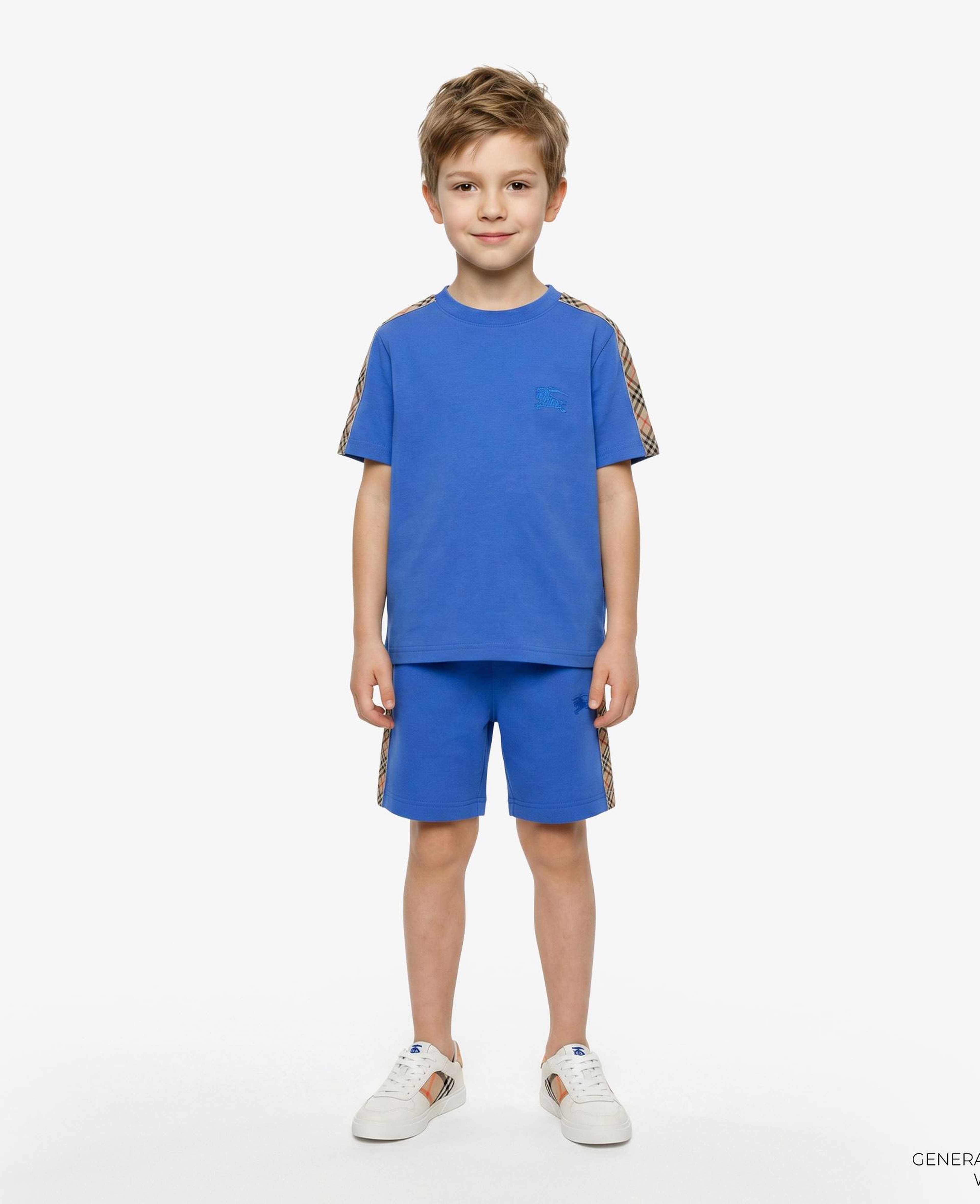 Burberry Check Trim Cotton Çocuk Mavi T-Shirt