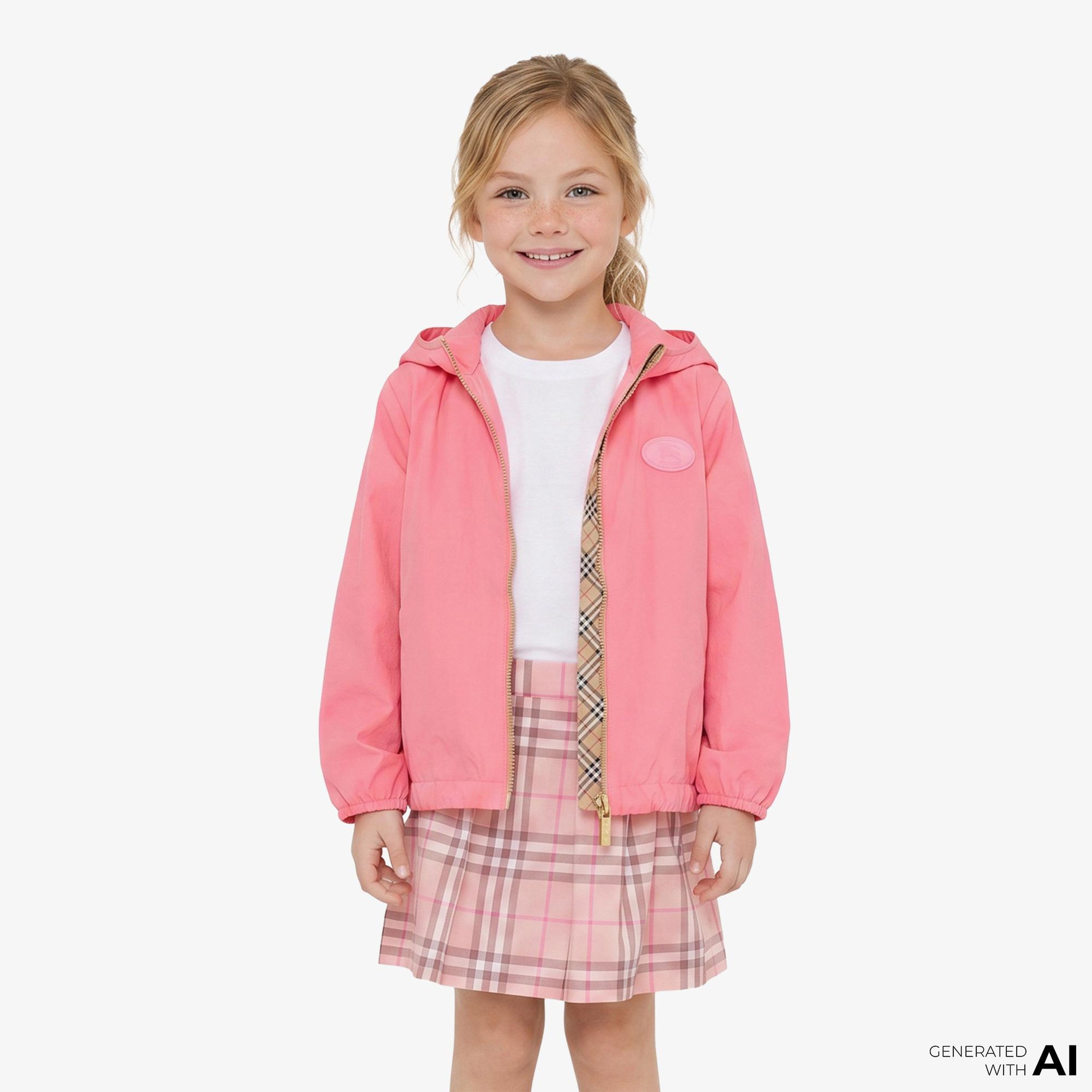 Burberry Checker-Tape Nylon Hooded Çocuk Pembe Mont