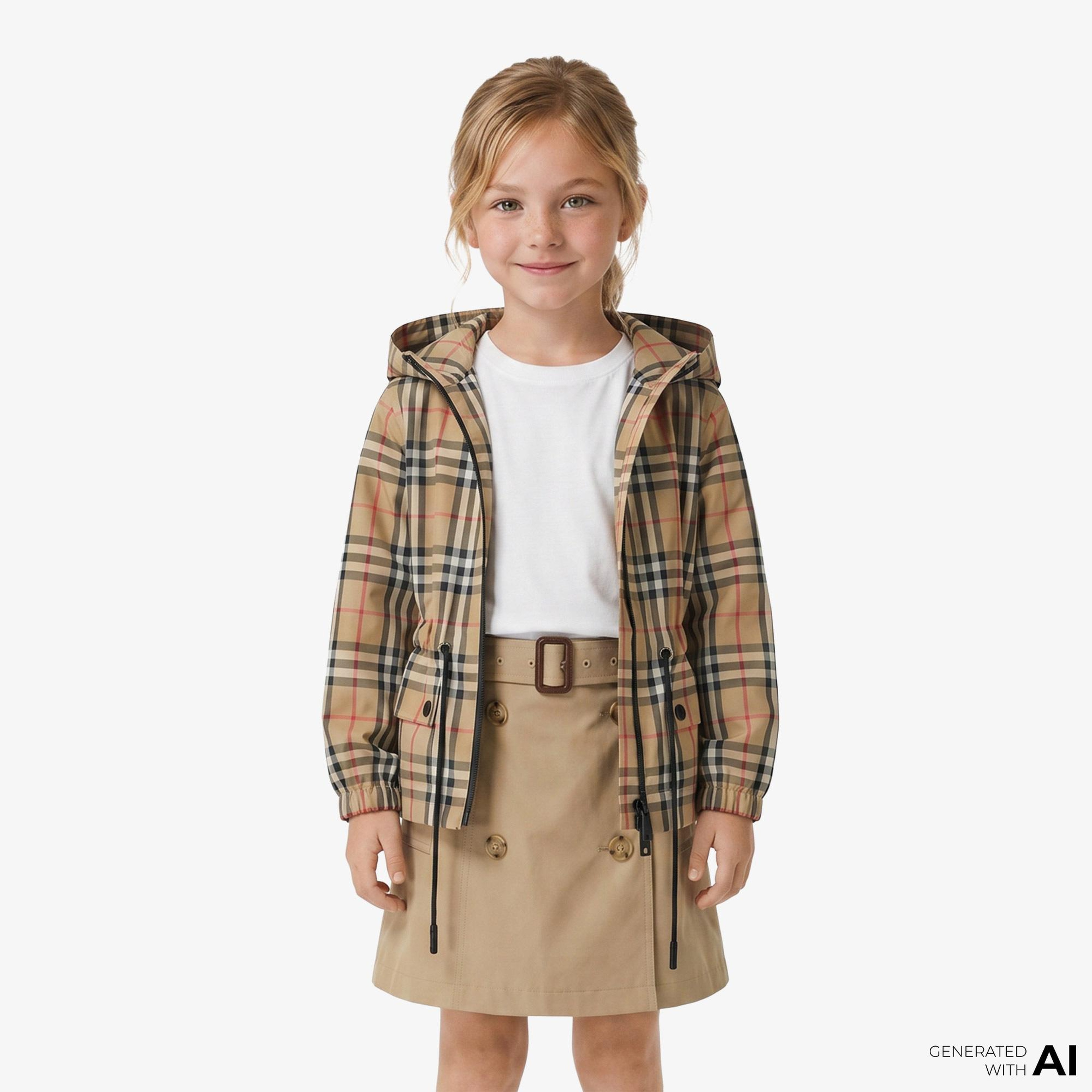 Burberry Check Nylon Hooded Çocuk Bej Mont