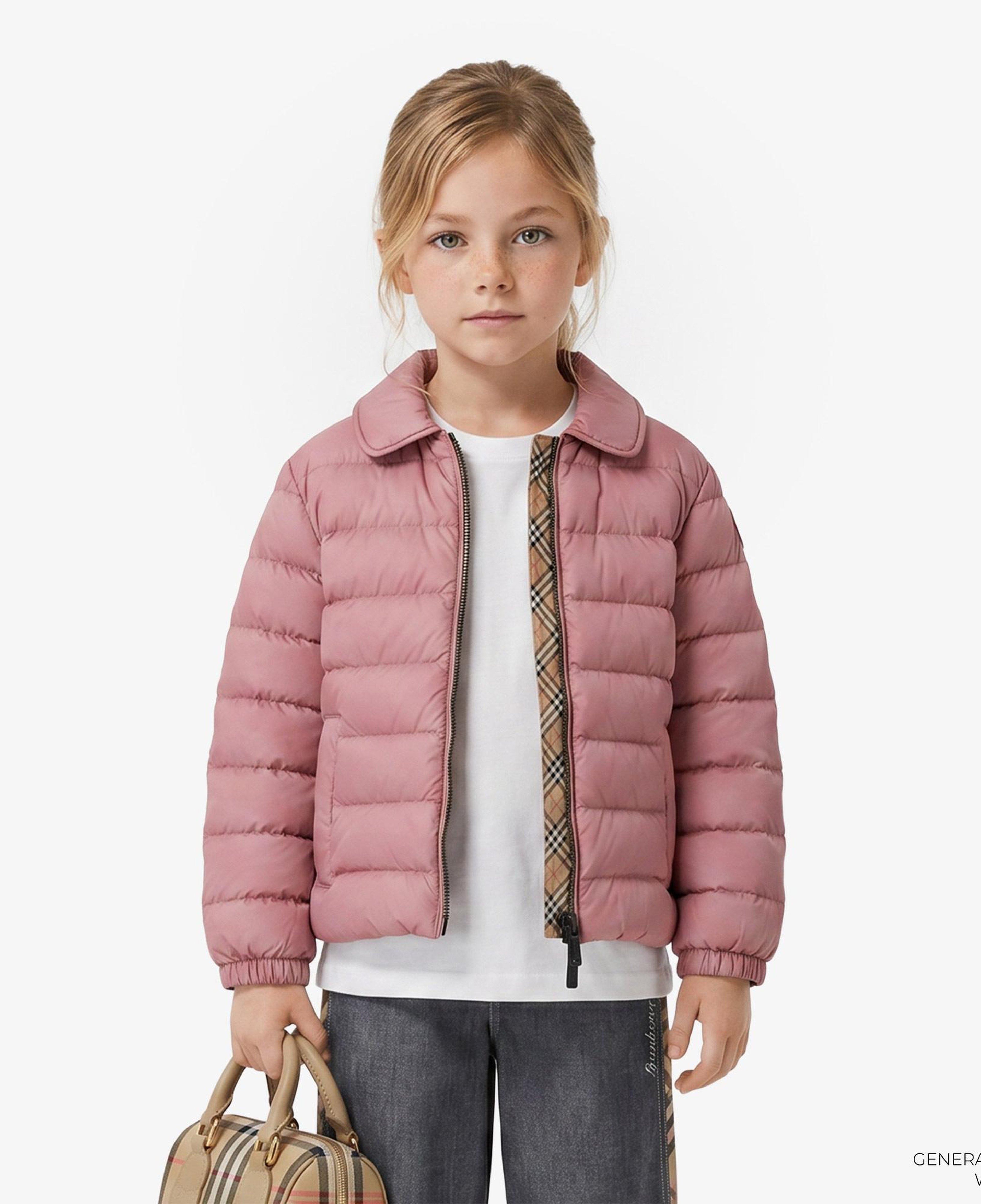 Burberry Checker-Tape Nylon Puffer Çocuk Pembe Mont