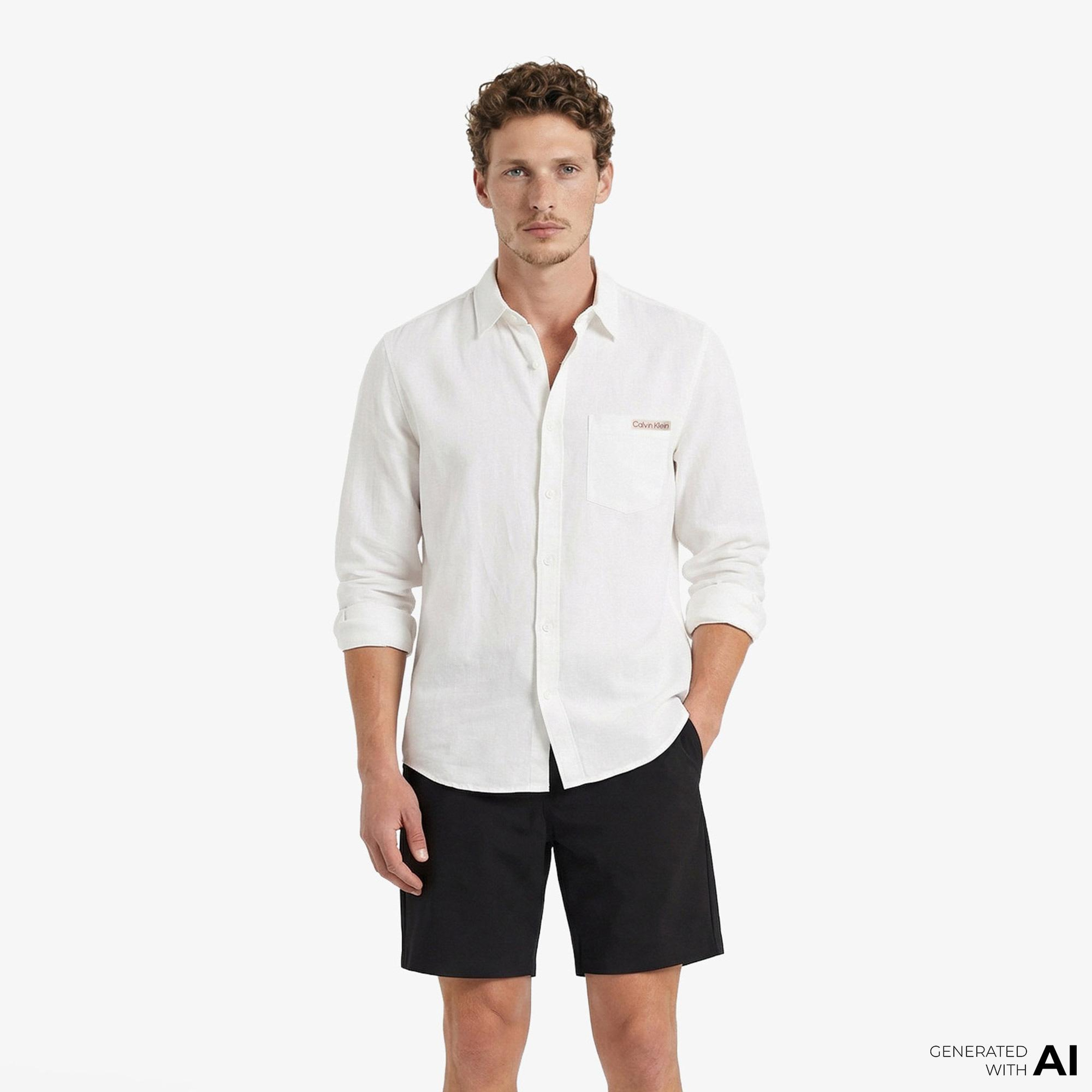 Calvin Klein Solid Casual Classic Erkek Beyaz Keten Gömlek