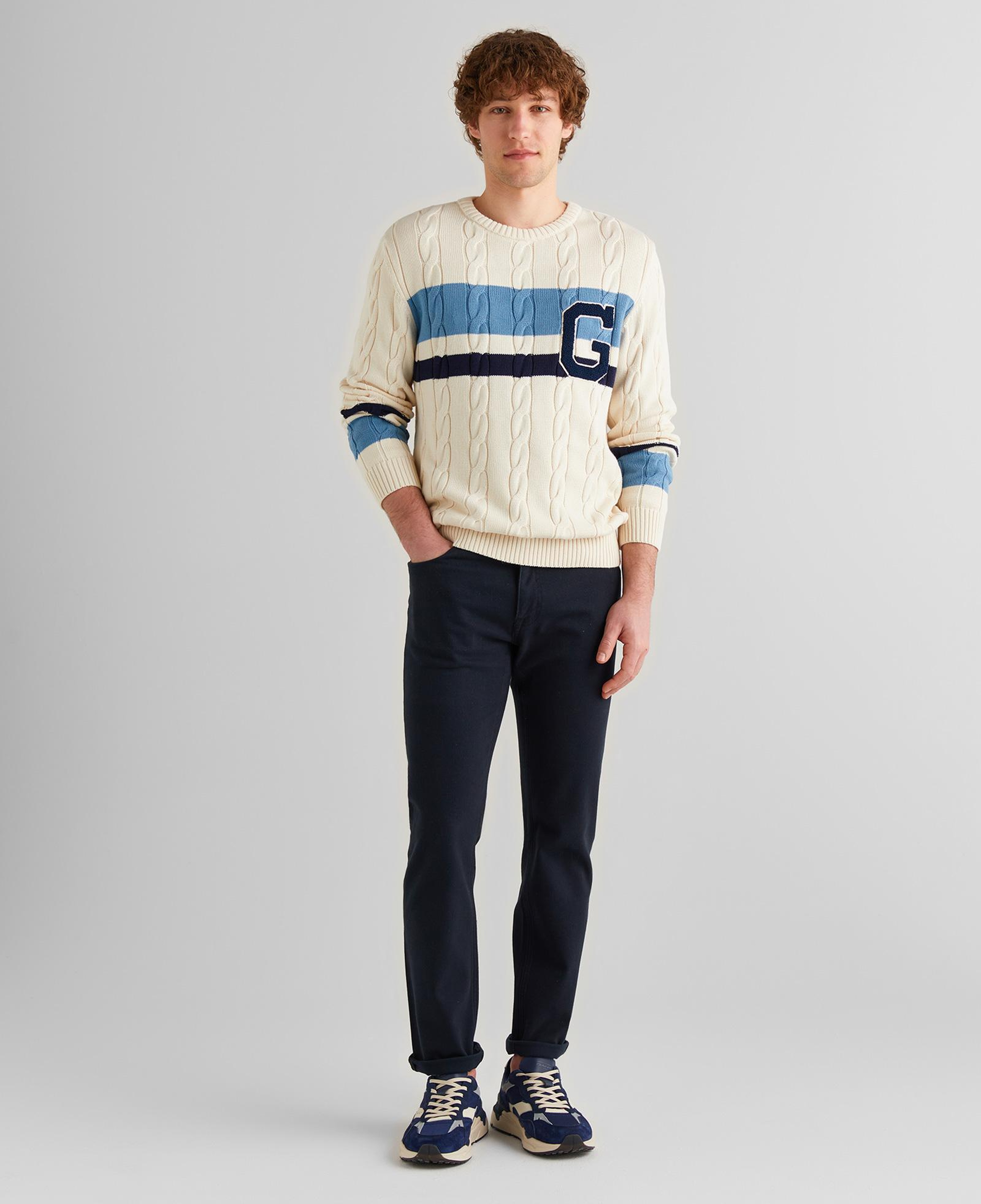 GANT Erkek Krem Relaxed Fit Bisiklet Yaka Renk Bloklu Örgü Kazak