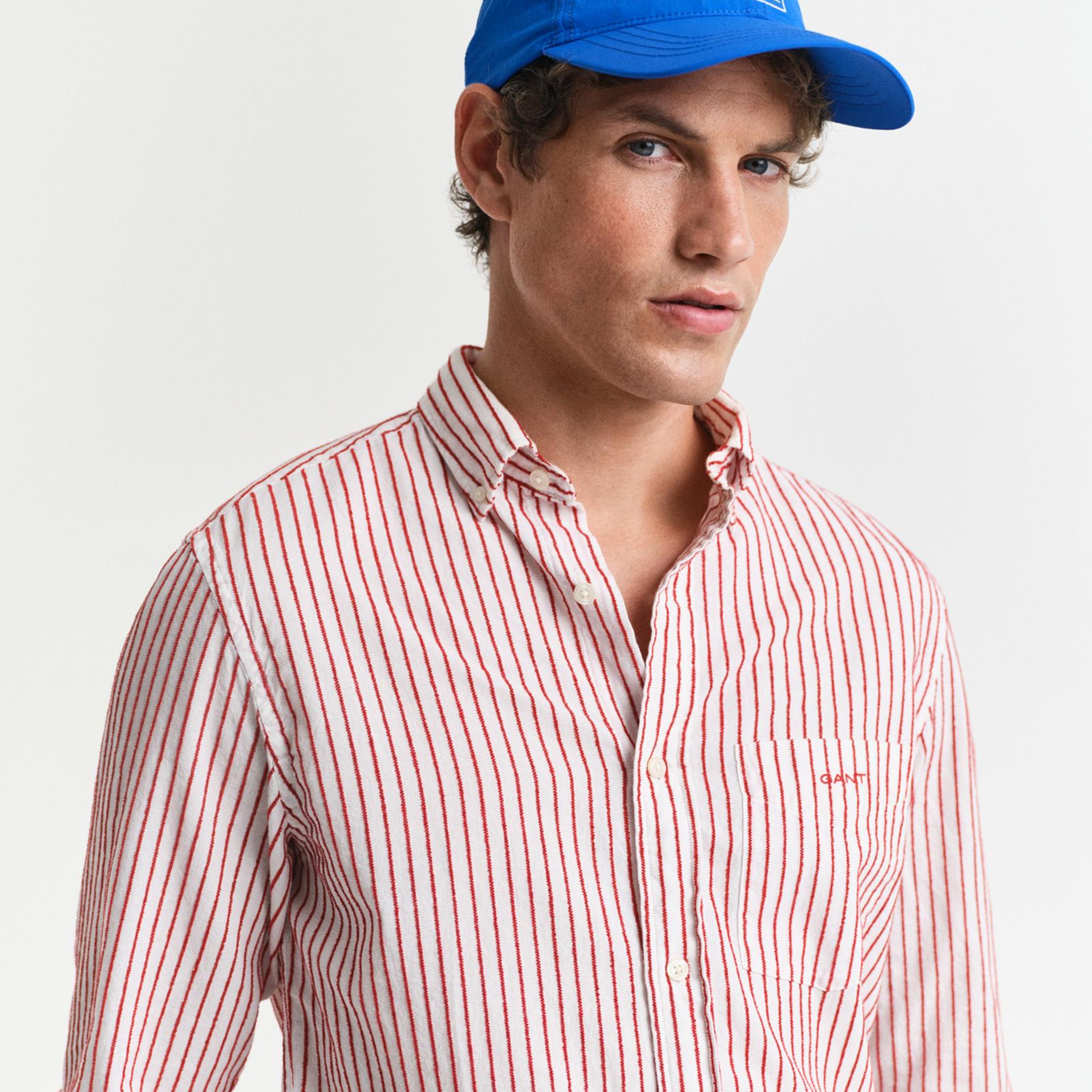 GANT Erkek Kırmızı Regular Fit Düğmeli Yaka Çizgili Gömlek