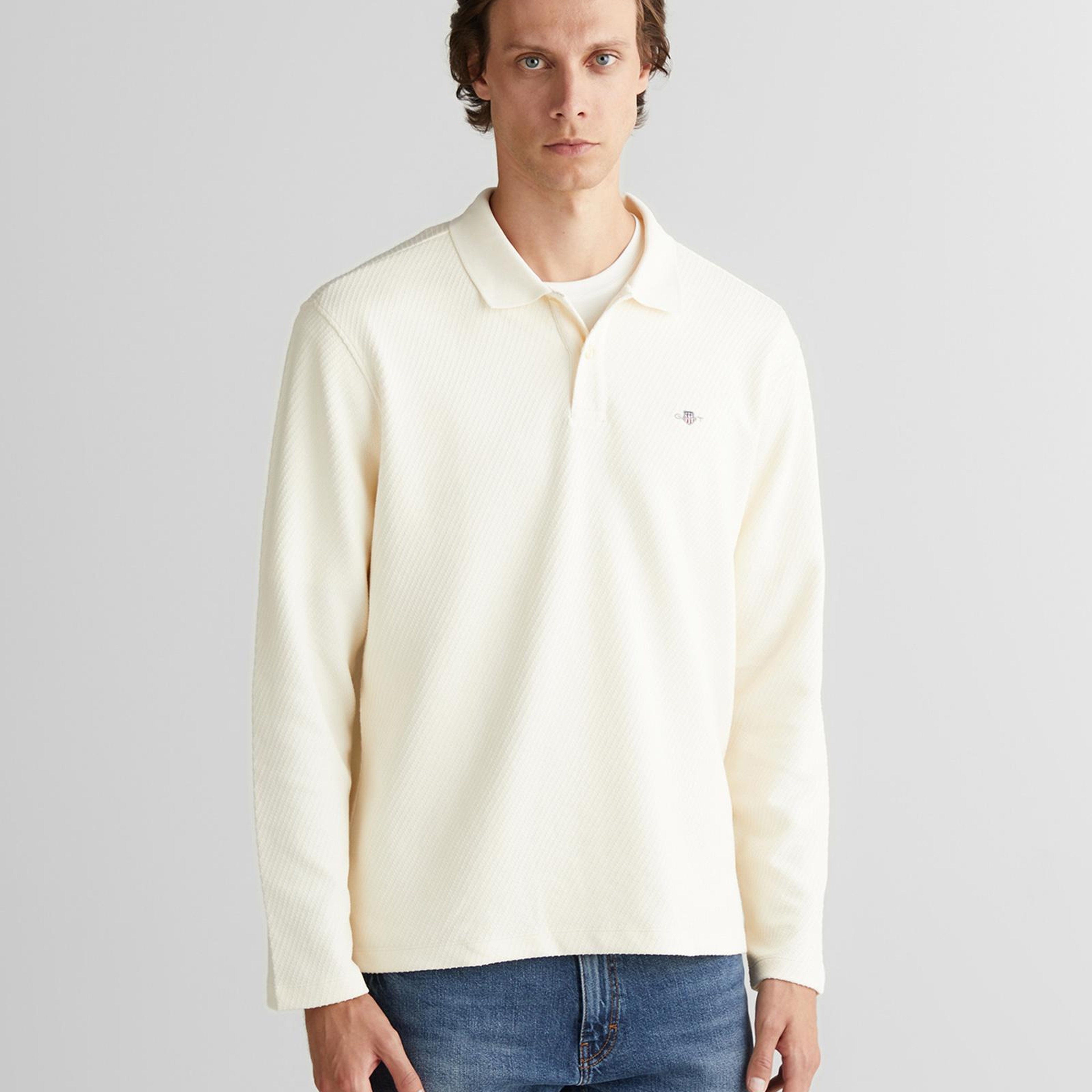 GANT Erkek Krem Relaxed Fit Polo Yaka Uzun Kollu T-Shirt