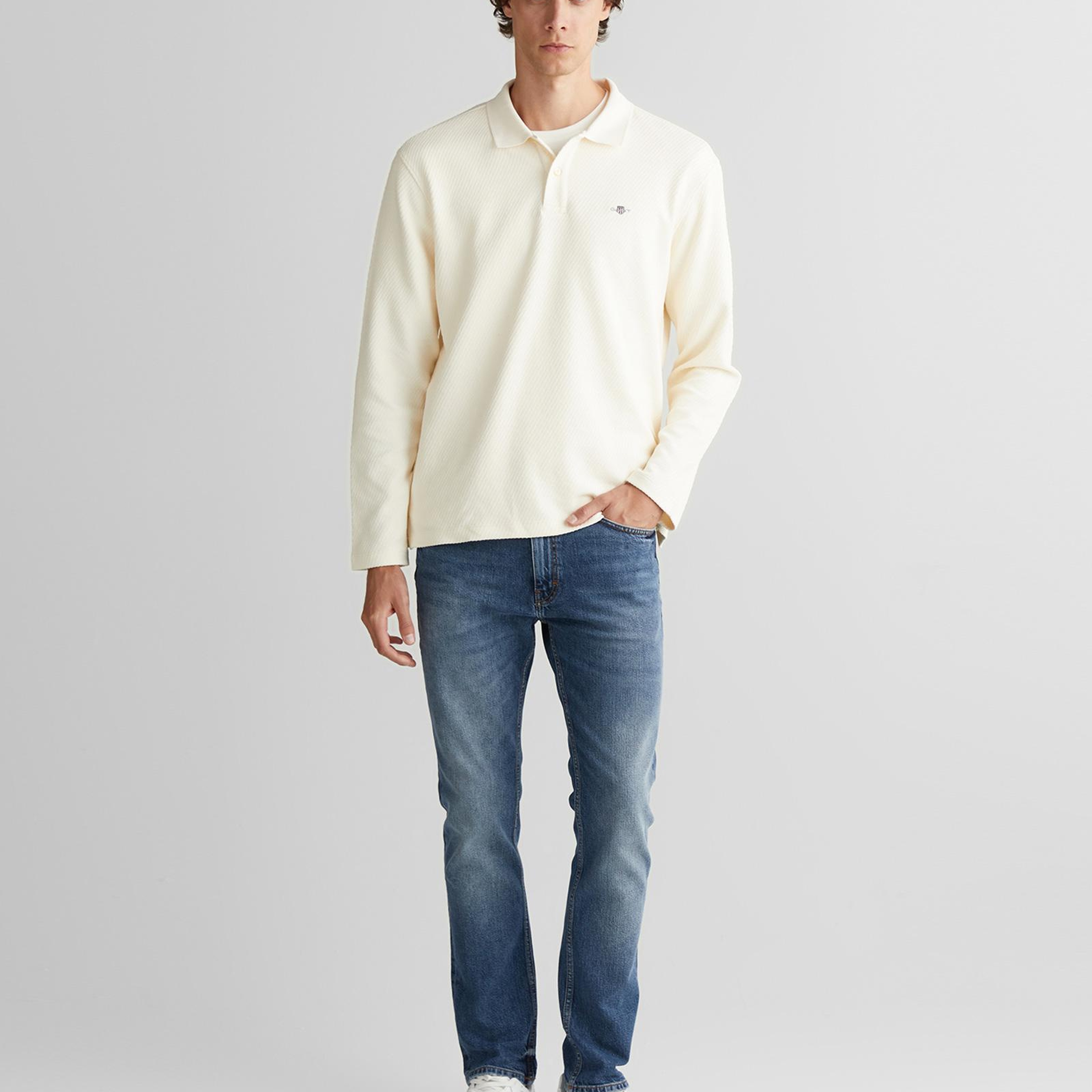 GANT Erkek Krem Relaxed Fit Polo Yaka Uzun Kollu T-Shirt