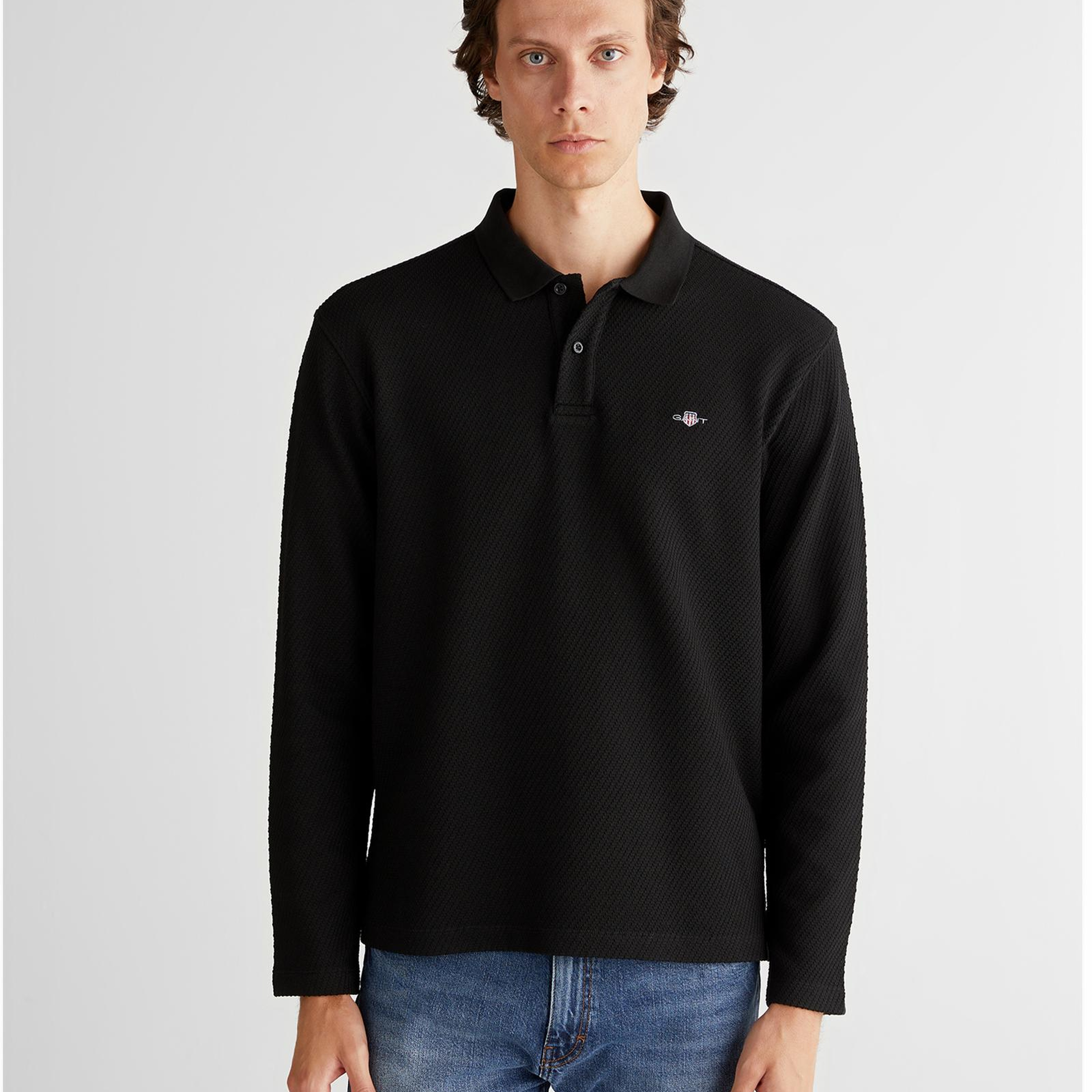 GANT Erkek Siyah Relaxed Fit Polo Yaka Uzun Kollu T-Shirt