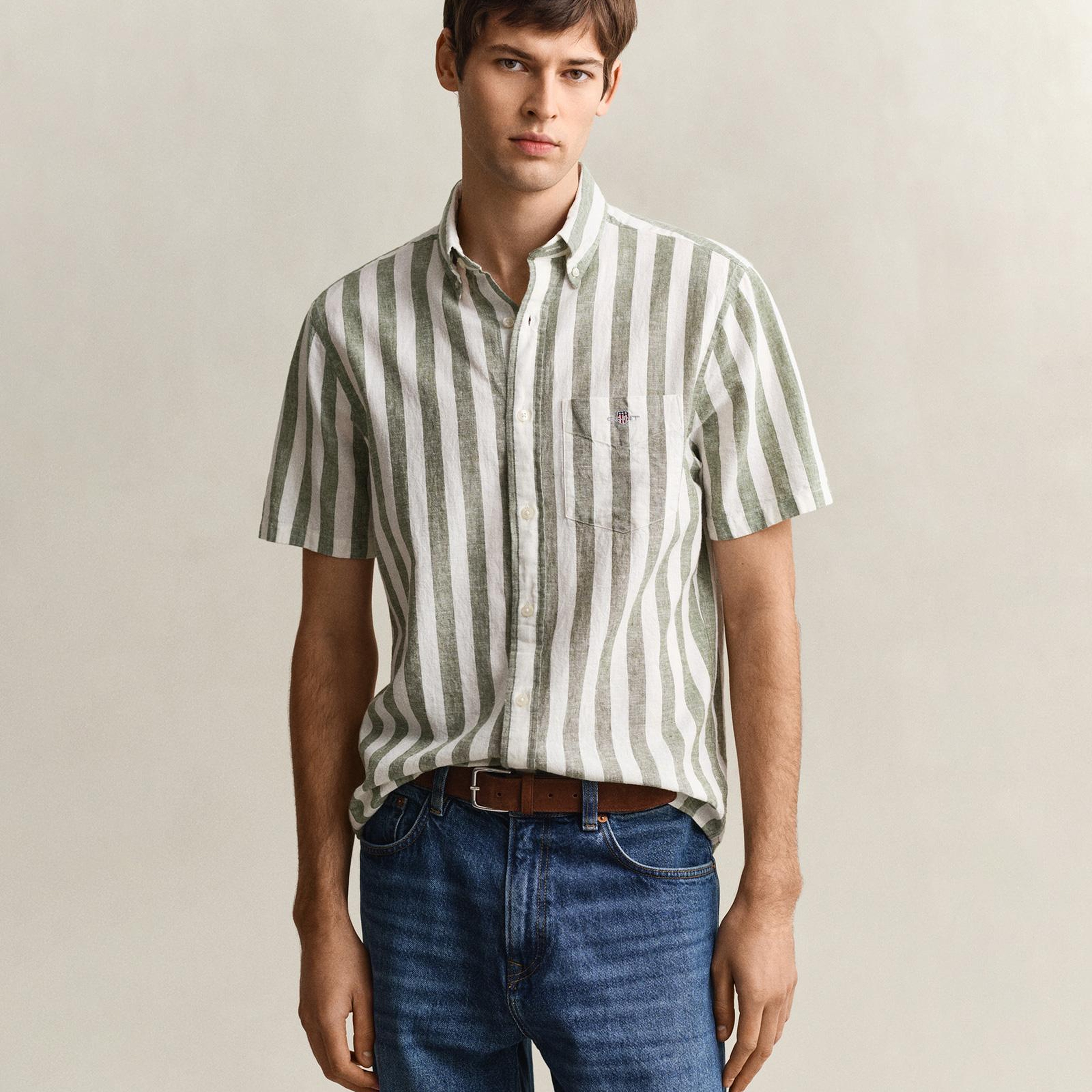 GANT Erkek Yeşil Regular Fit Çizgili Logolu Gömlek