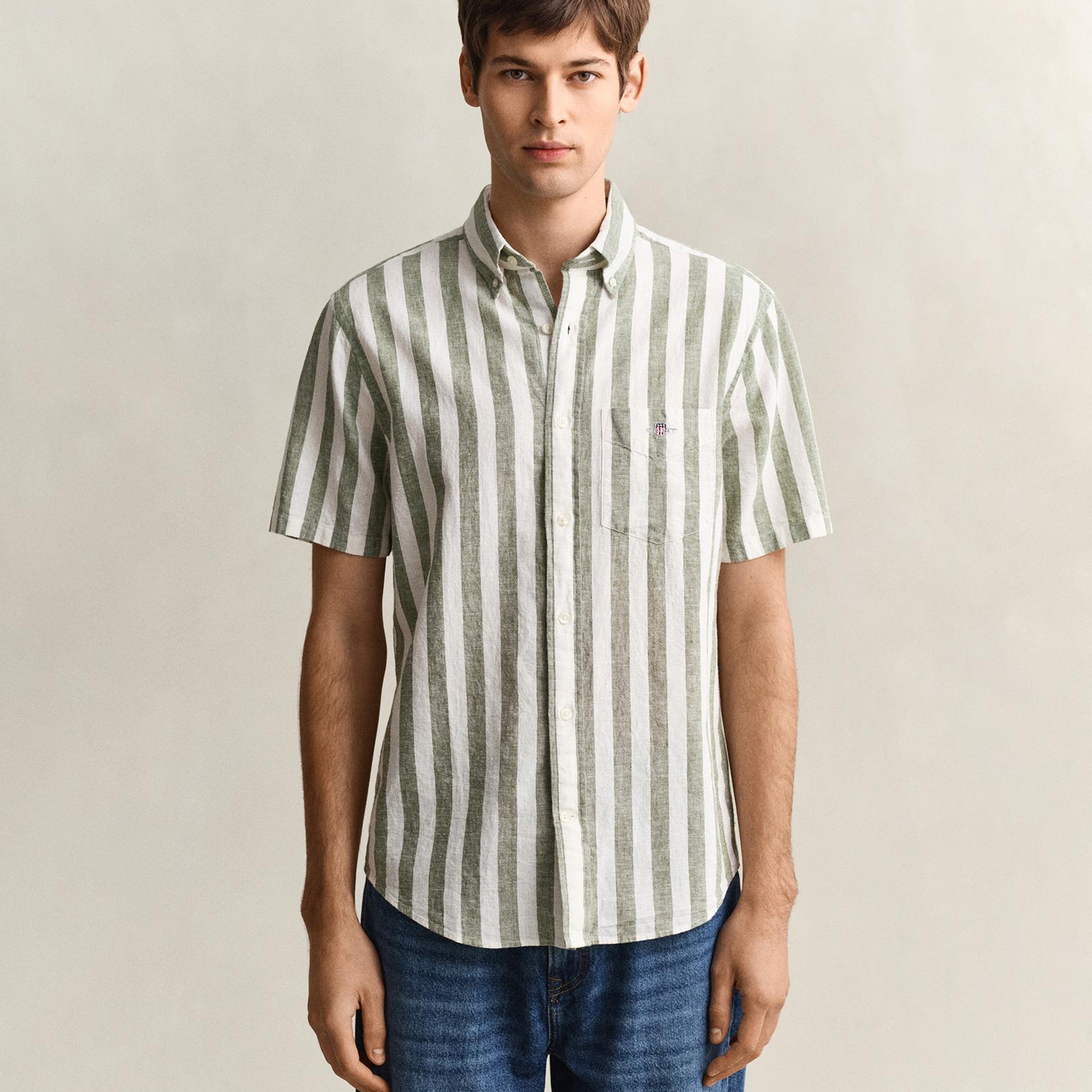 GANT Erkek Yeşil Regular Fit Çizgili Logolu Gömlek