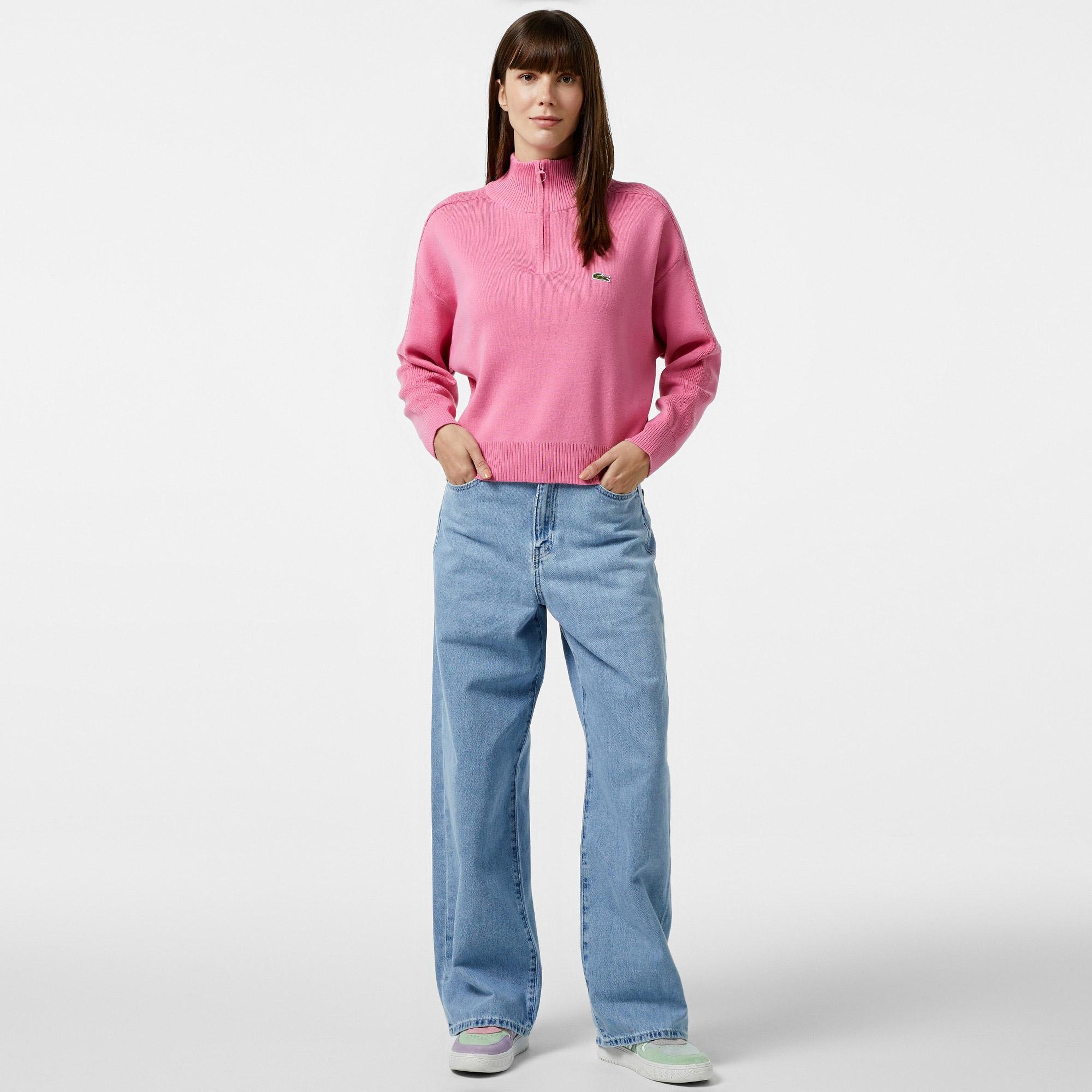 Lacoste Kadın Relaxed Fit Yarım Fermuarlı Pembe Triko