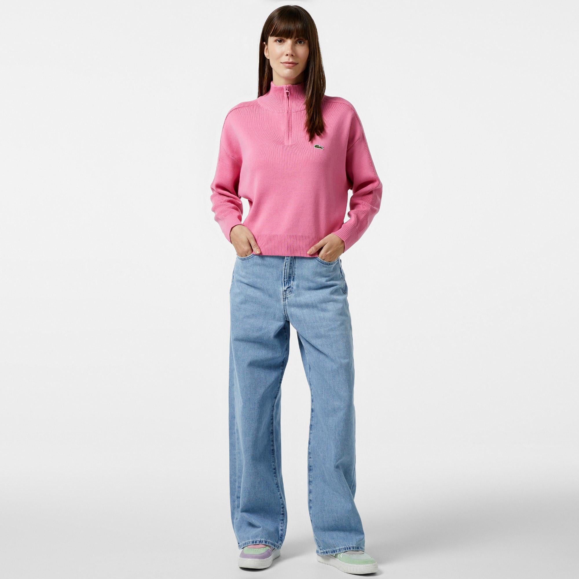 Lacoste Kadın Relaxed Fit Yarım Fermuarlı Pembe Triko
