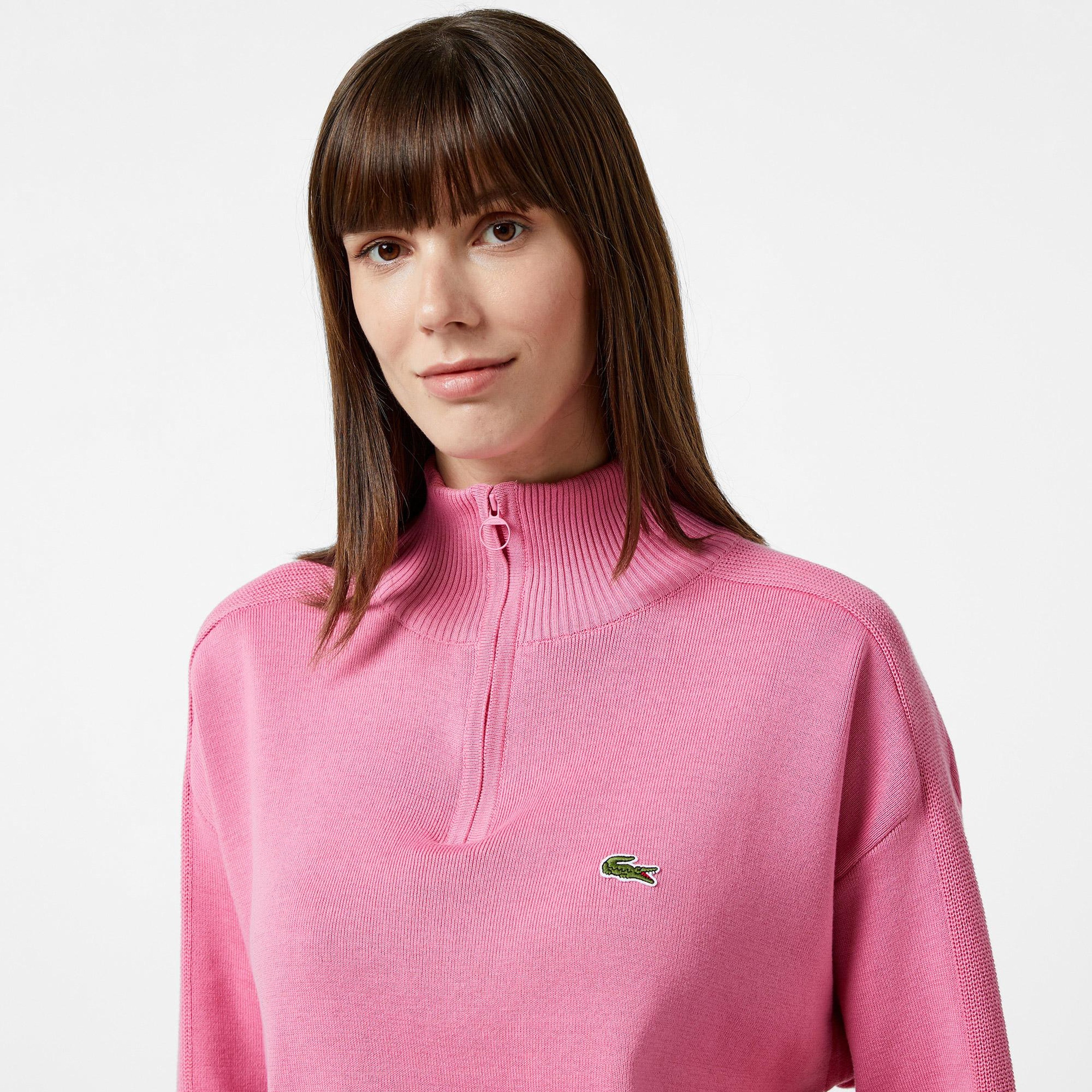 Lacoste Kadın Relaxed Fit Yarım Fermuarlı Pembe Triko