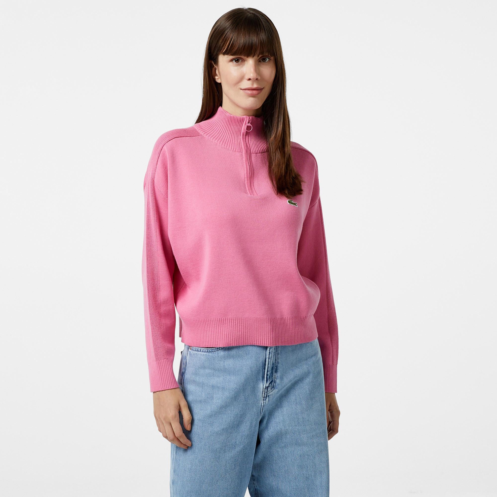 Lacoste Kadın Relaxed Fit Yarım Fermuarlı Pembe Triko