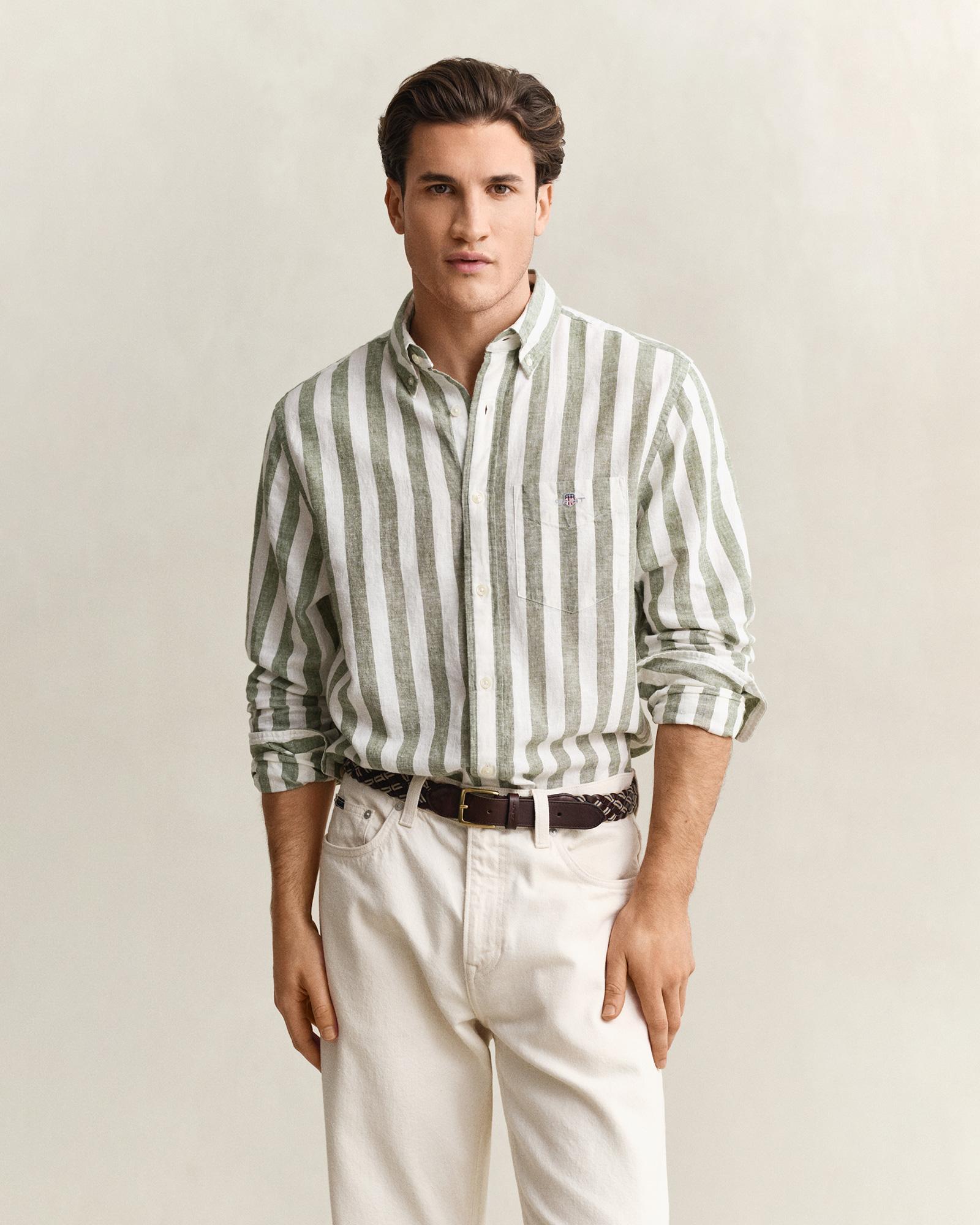 GANT Erkek Yeşil Regular Fit Çizgili Logolu Gömlek