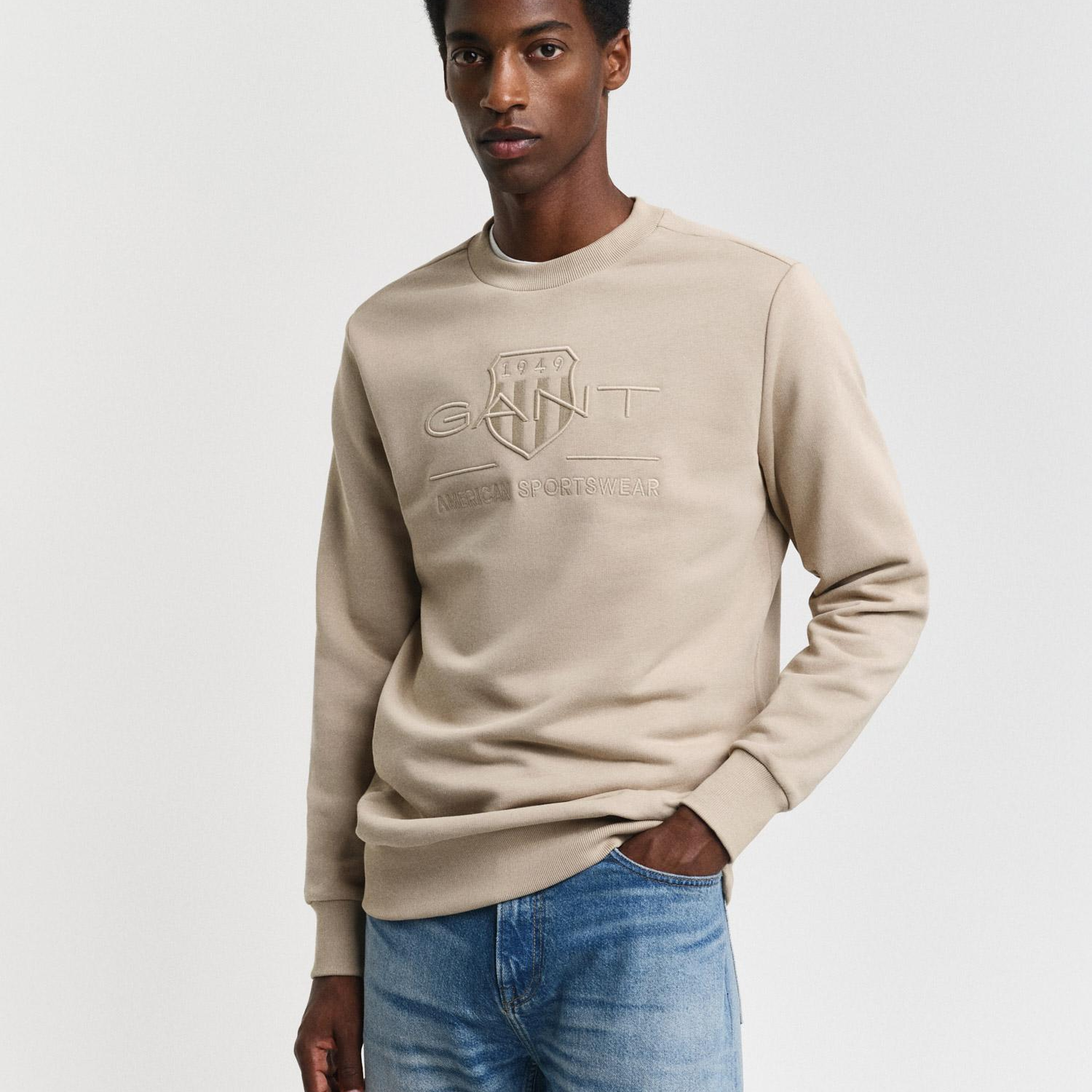 GANT Erkek Bej Regular Fit Bisiklet Yaka Logolu Sweatshirt