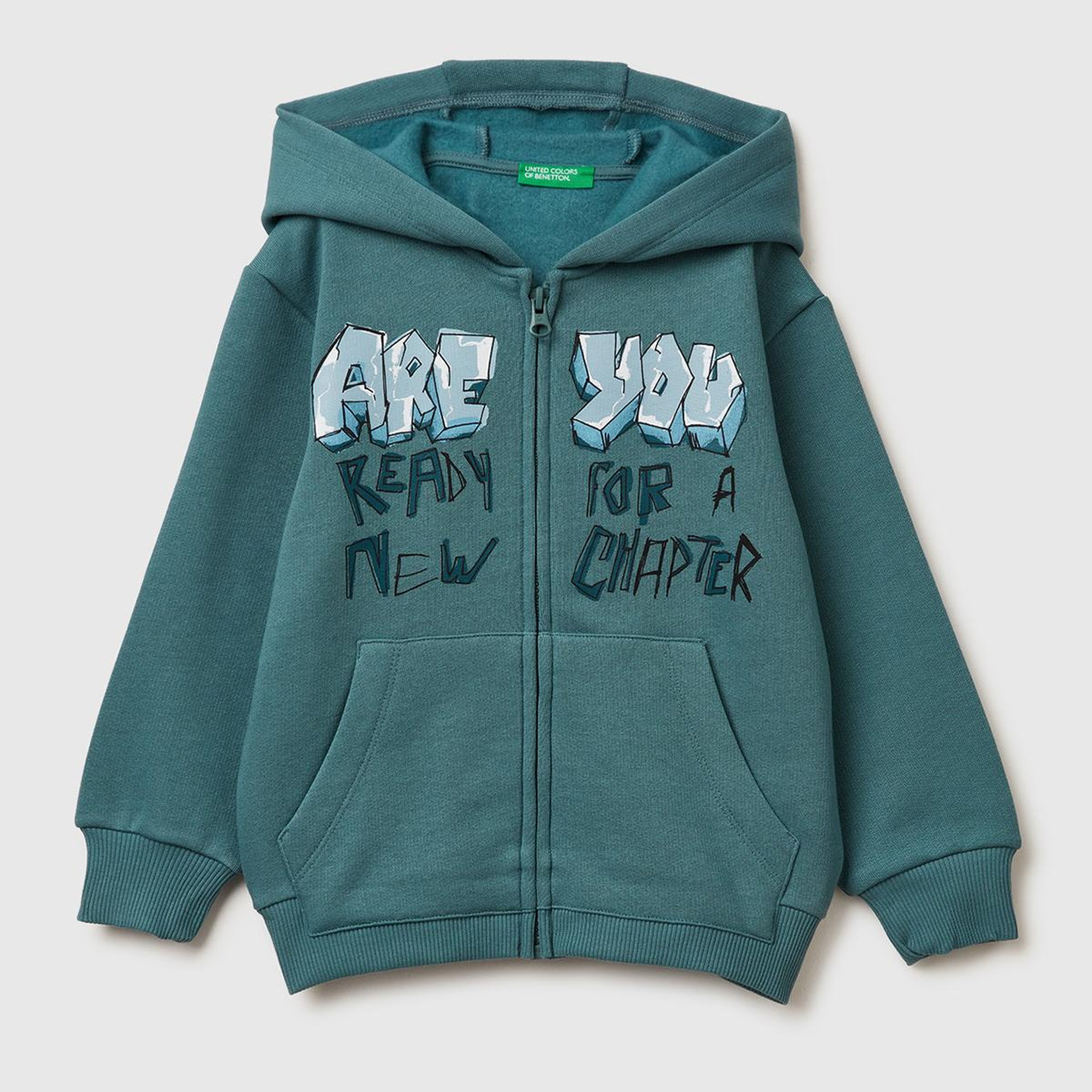 Erkek Çocuk Gri-Yeşil Arkası Baskılı Fermuarlı Ribanalı Kapüşonlu Şardonlu Sweatshirt