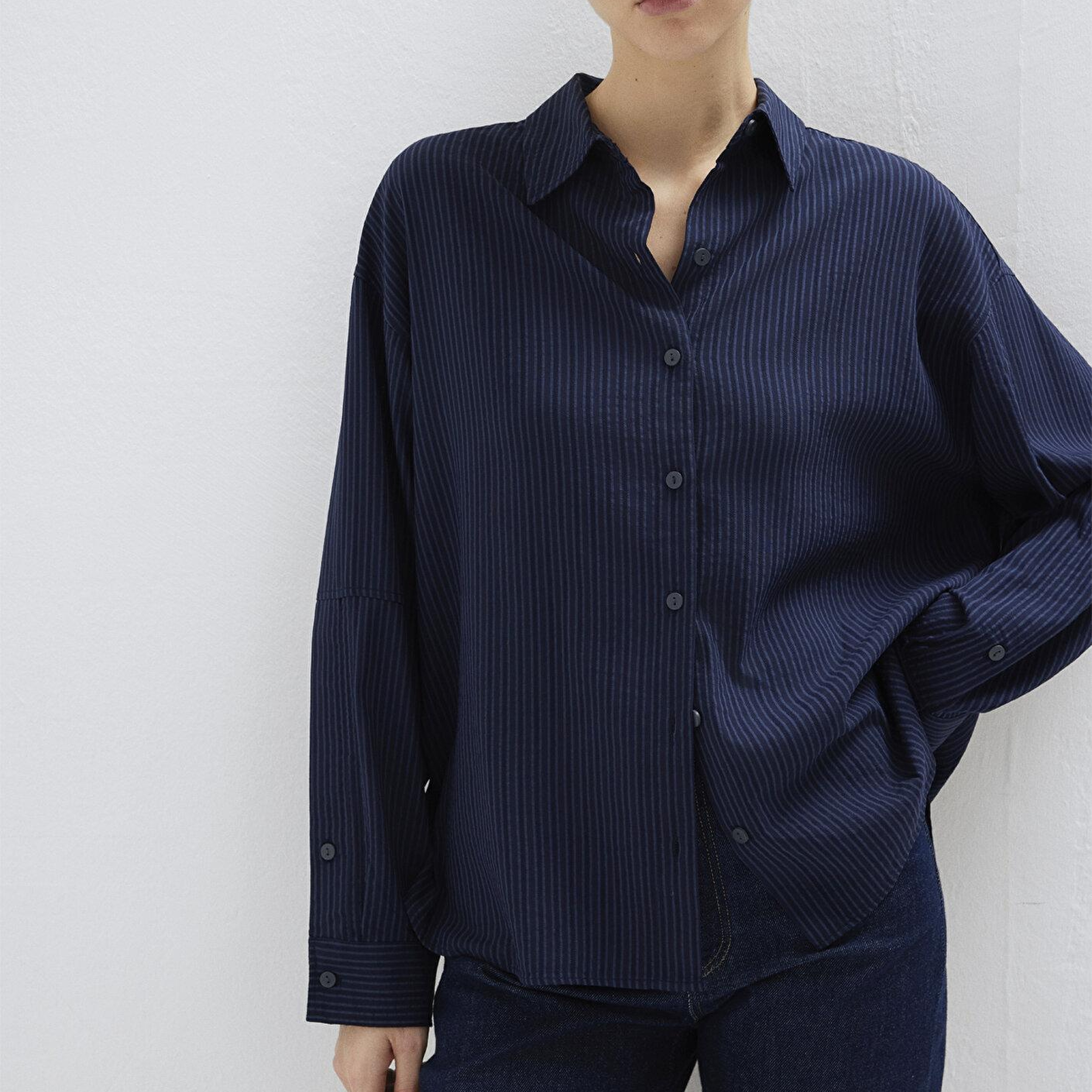 Mavi Çizgili Lacivert Gömlek Oversize / Geniş Kesim 1210878-83699