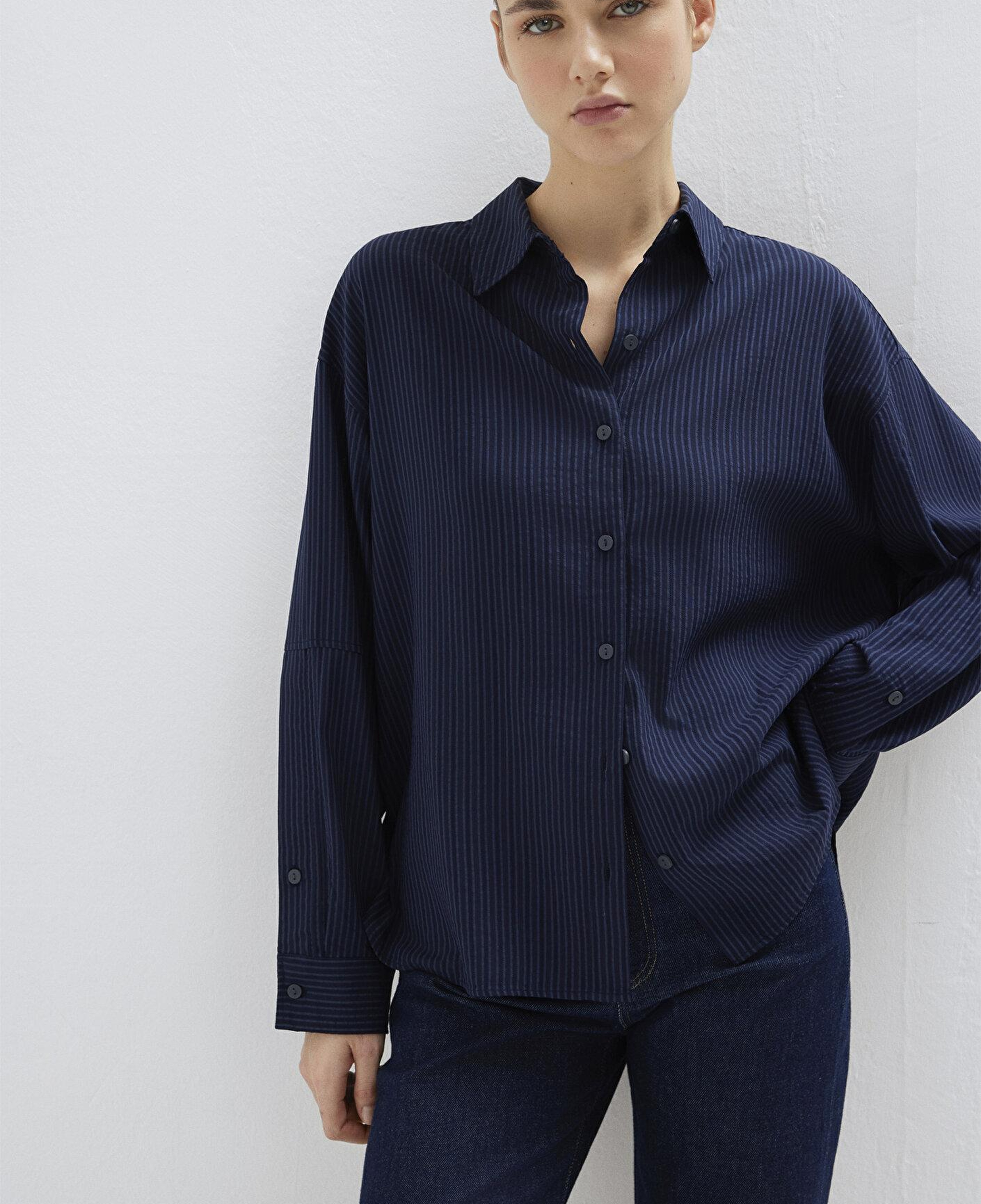 Mavi Çizgili Lacivert Gömlek Oversize / Geniş Kesim 1210878-83699