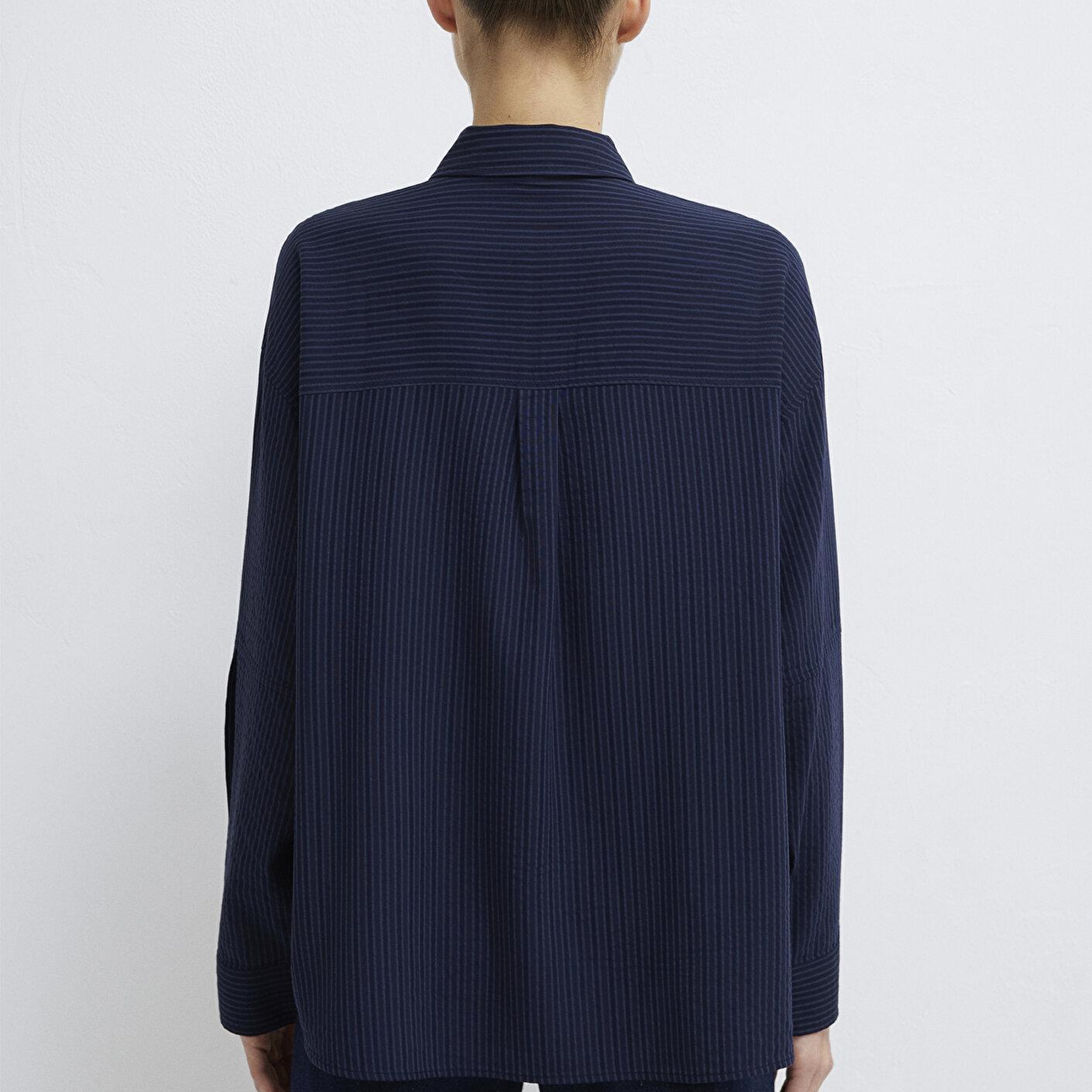 Mavi Çizgili Lacivert Gömlek Oversize / Geniş Kesim 1210878-83699