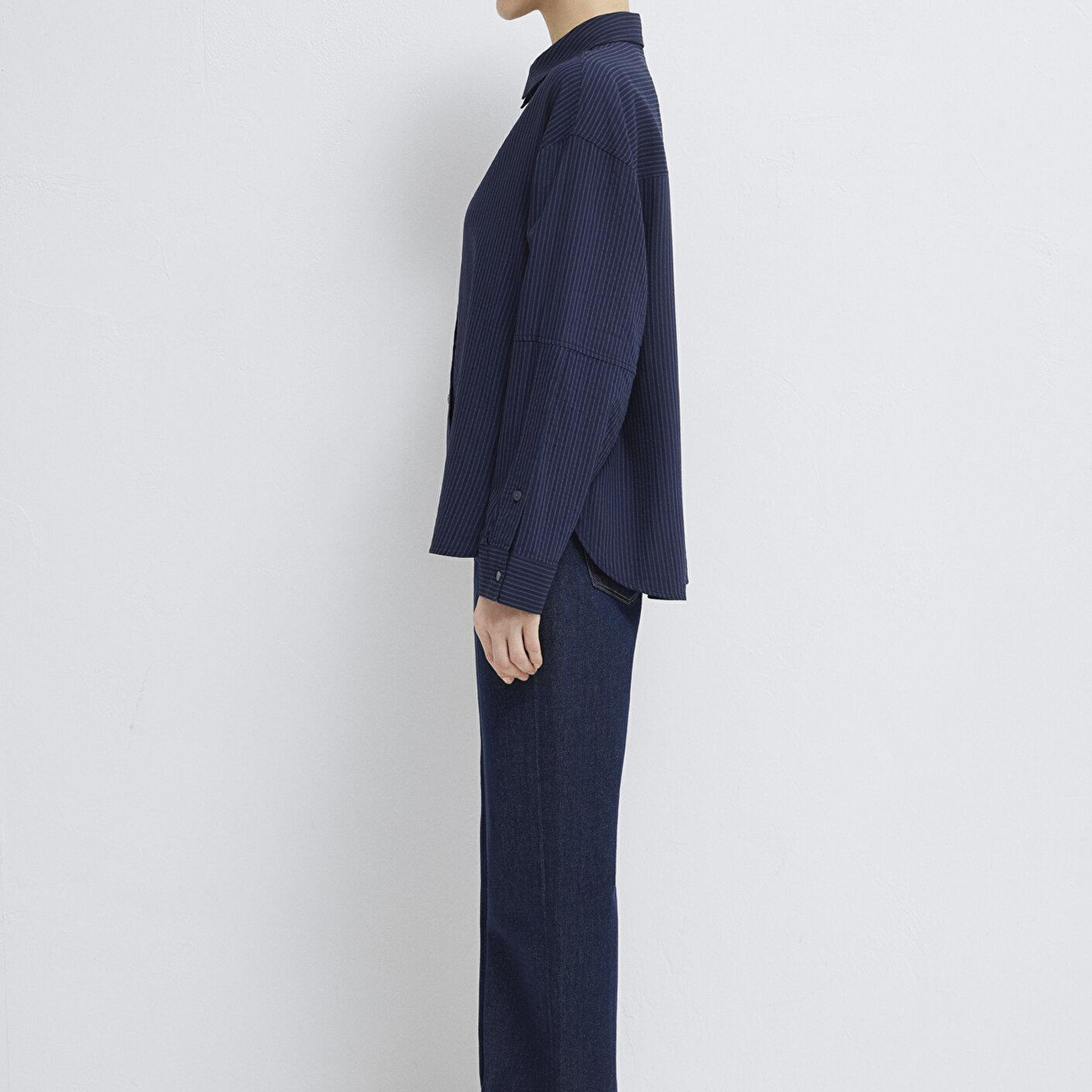 Mavi Çizgili Lacivert Gömlek Oversize / Geniş Kesim 1210878-83699
