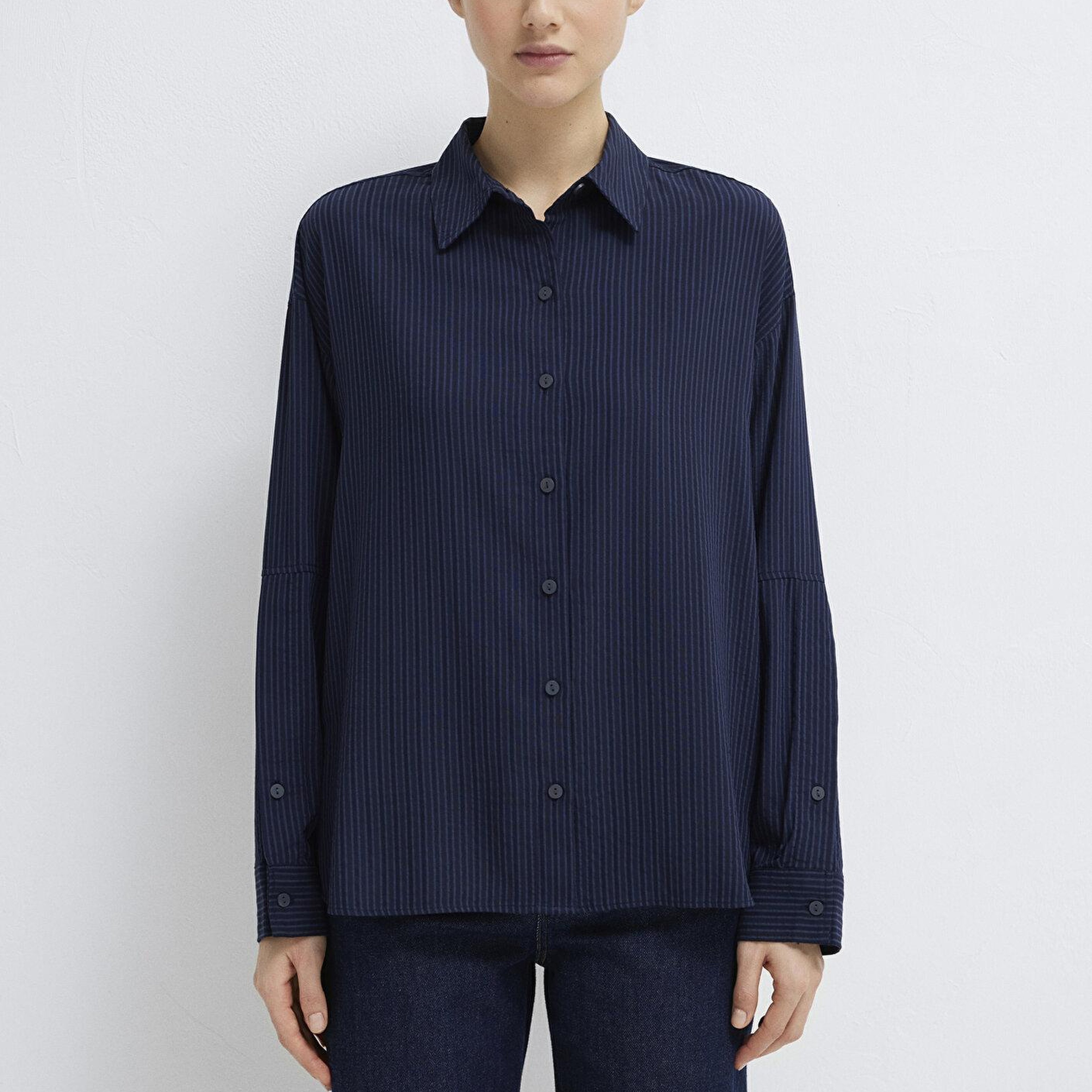 Mavi Çizgili Lacivert Gömlek Oversize / Geniş Kesim 1210878-83699