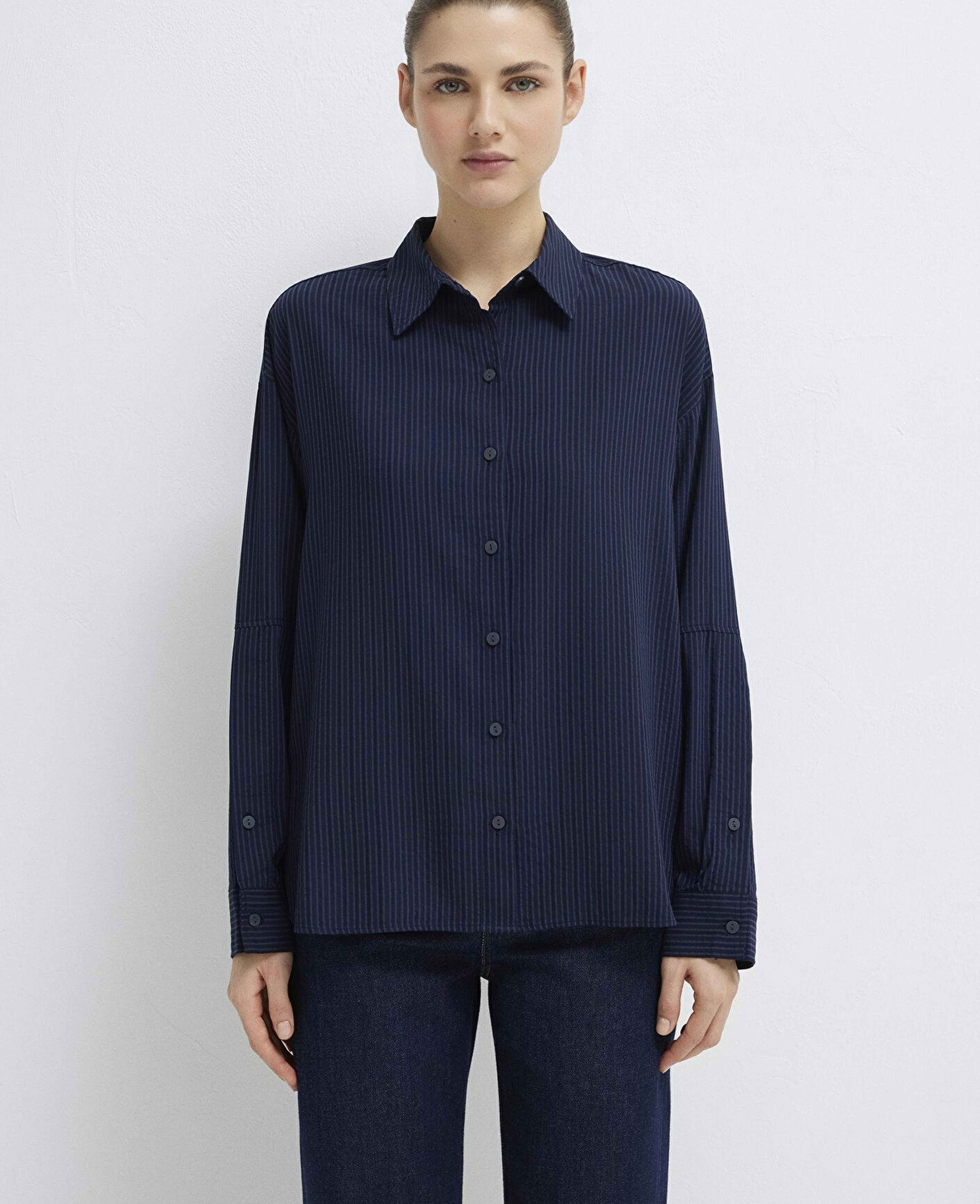 Mavi Çizgili Lacivert Gömlek Oversize / Geniş Kesim 1210878-83699