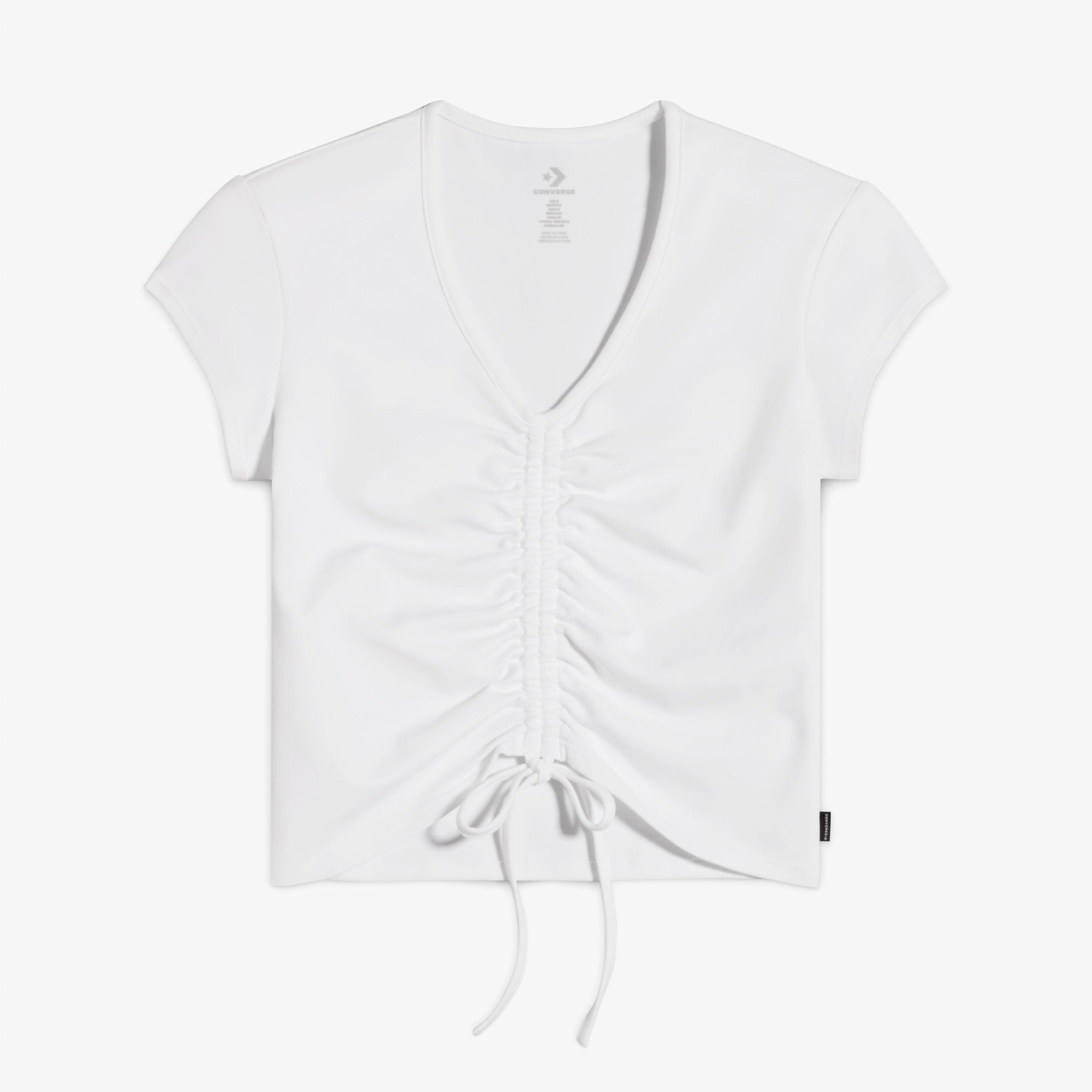 Converse Classic Kadın Slim Fit V Yaka Büzgülü Beyaz T-Shirt