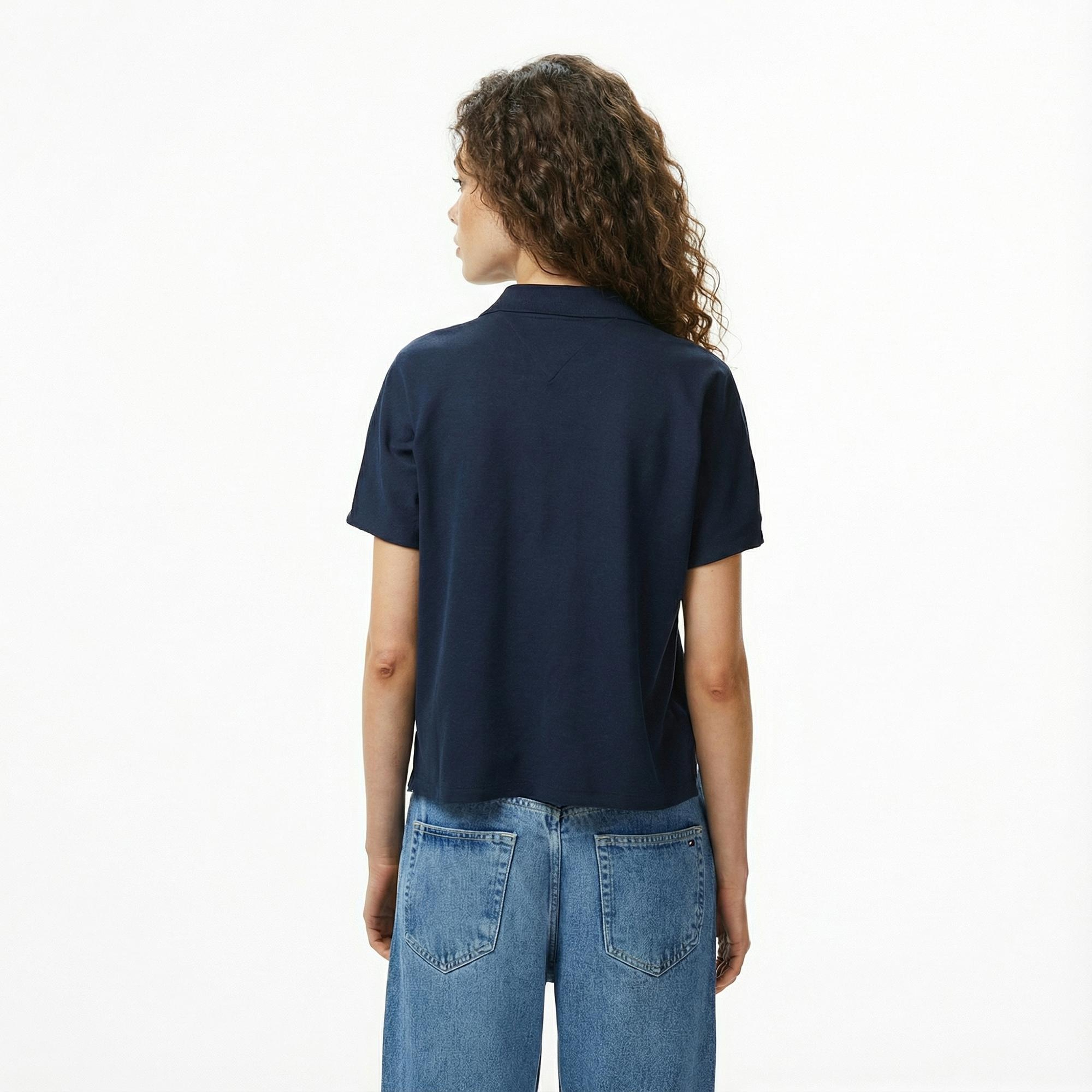 Tommy Hilfiger Lyocell Tipping Open Kadın Lacivert Polo Yaka T-Shirt