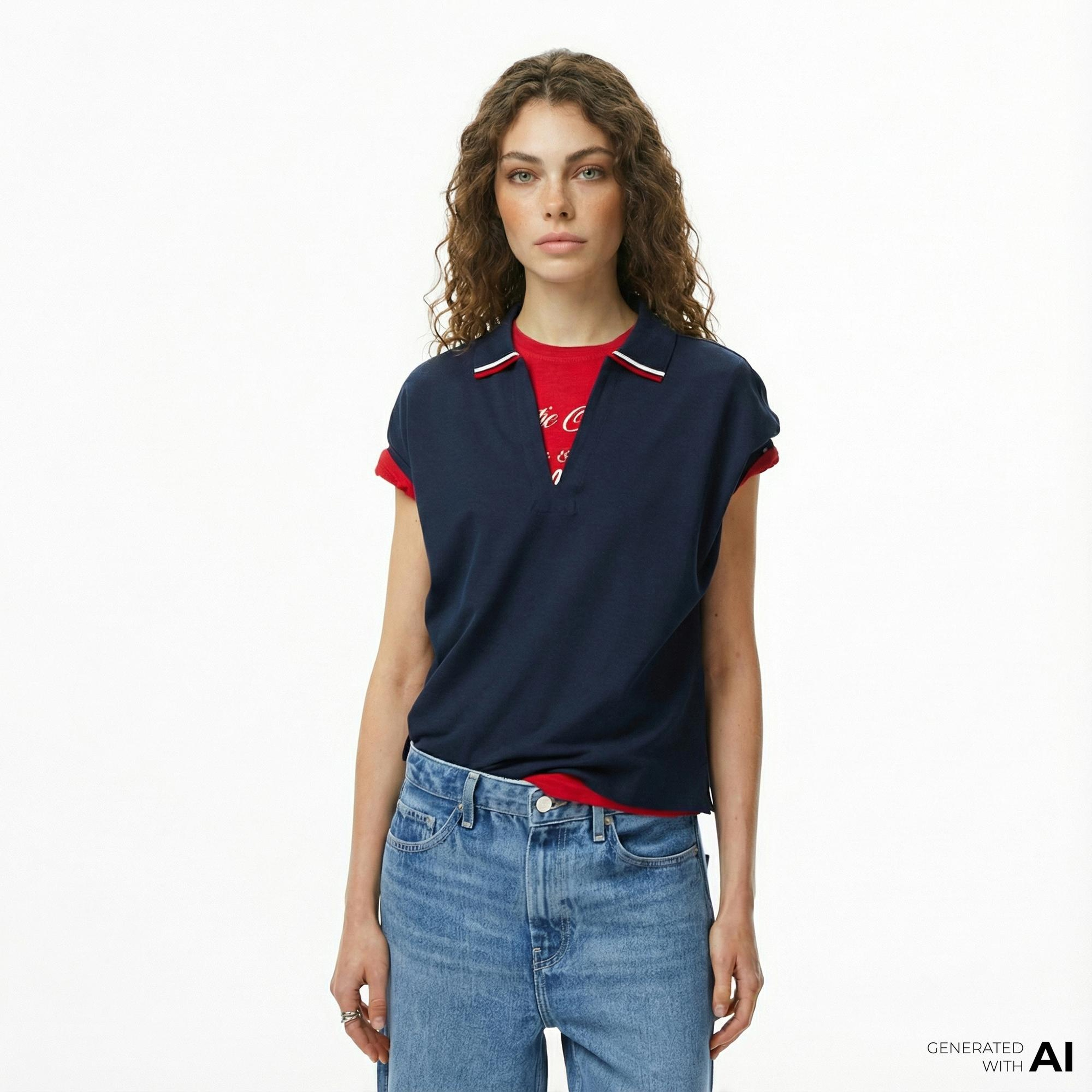 Tommy Hilfiger Lyocell Tipping Open Kadın Lacivert Polo Yaka T-Shirt