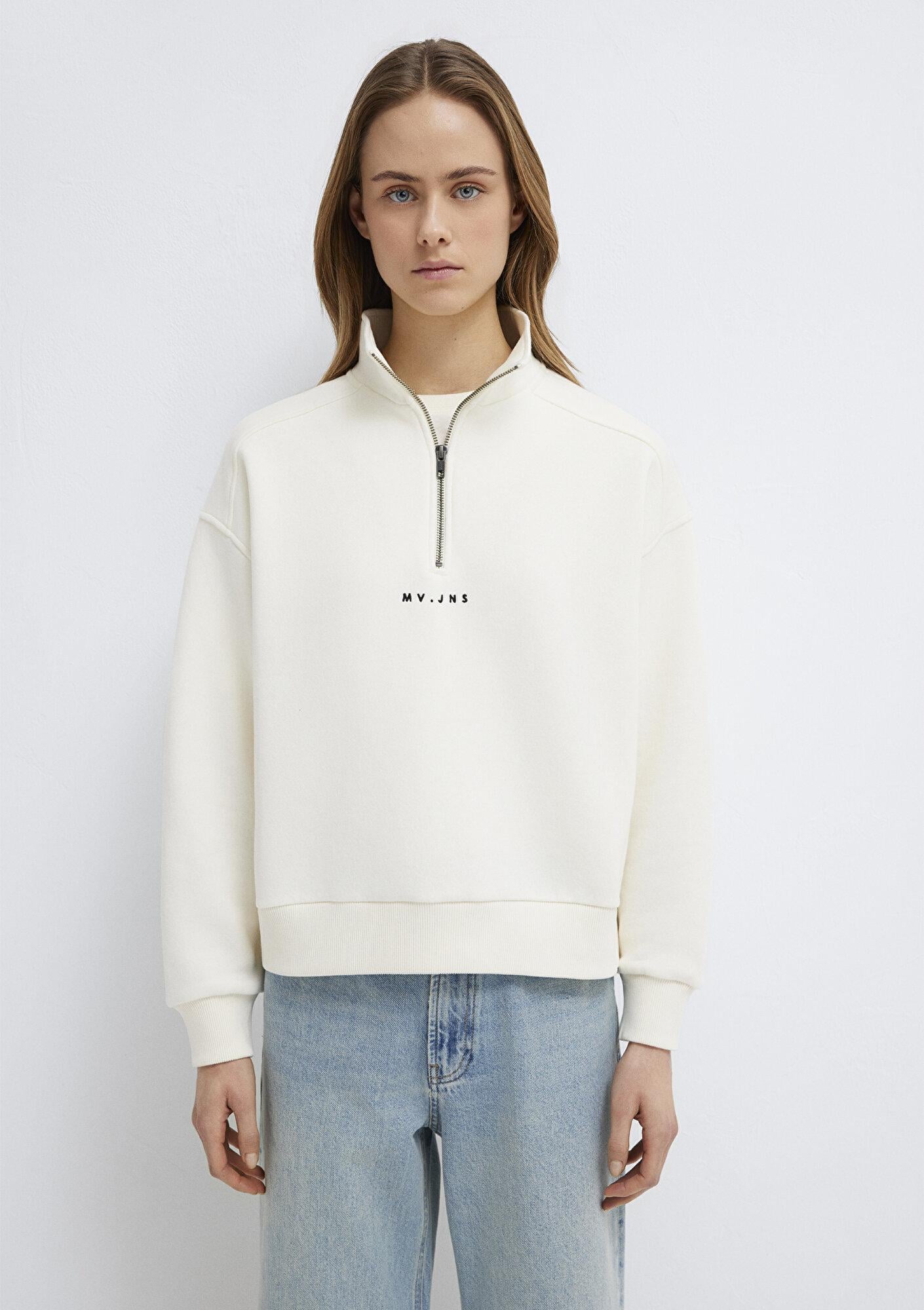 Mavi MVJNS Nakışlı Yarı Fermuarlı Ekru Sweatshirt 1S10533-89145