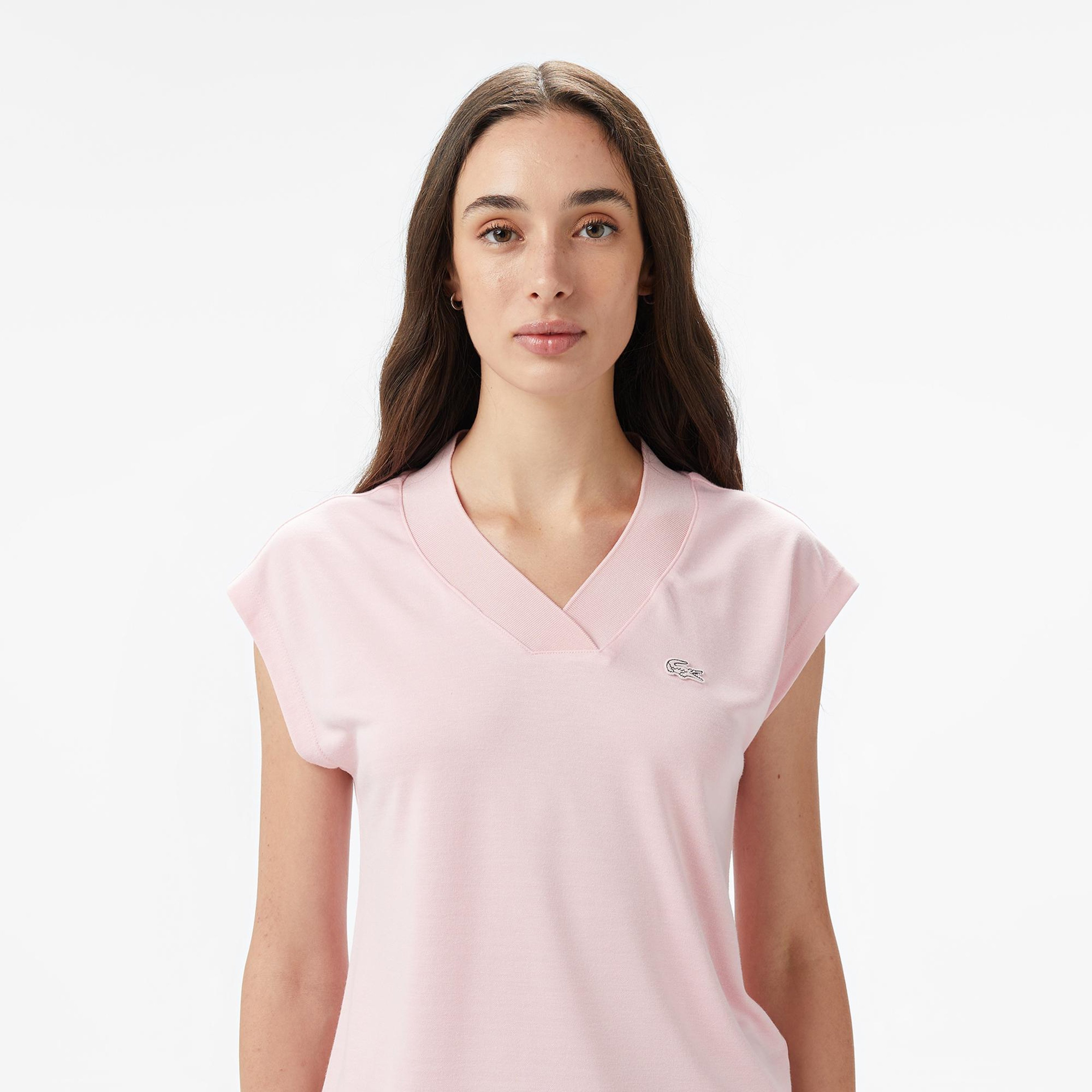 Kadın Slim Fit Kolsuz V Yaka Açık Pembe Bluz