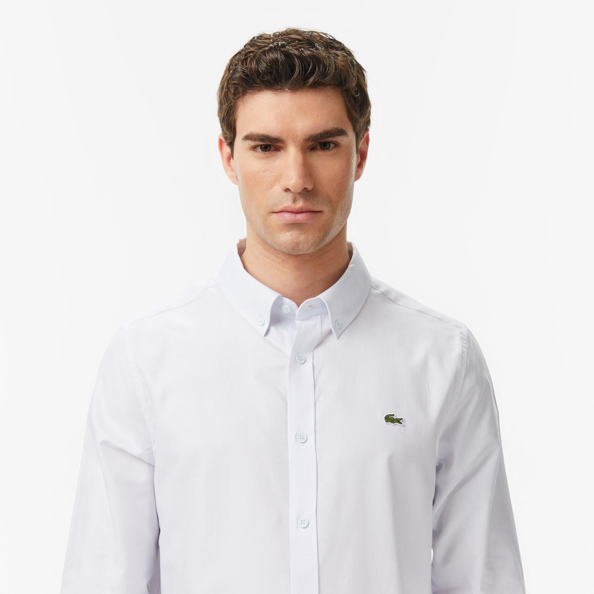 Erkek Slim Fit Düğmeli Yaka Açık Mavi Gömlek