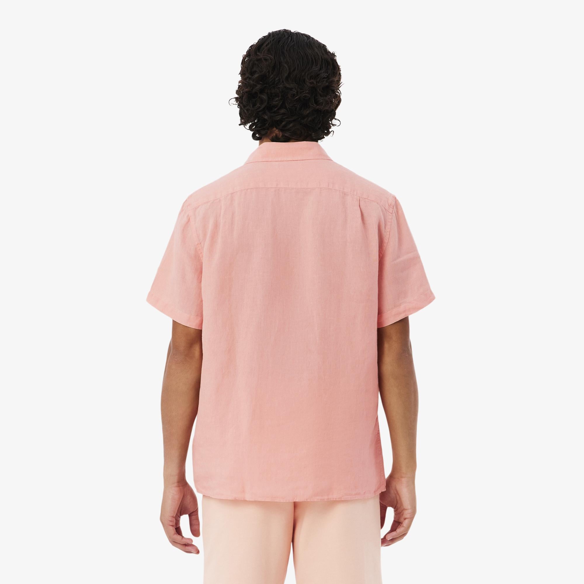 Erkek Regular Fit Kısa Kollu Düğmeli Yaka Keten Pembe Gömlek