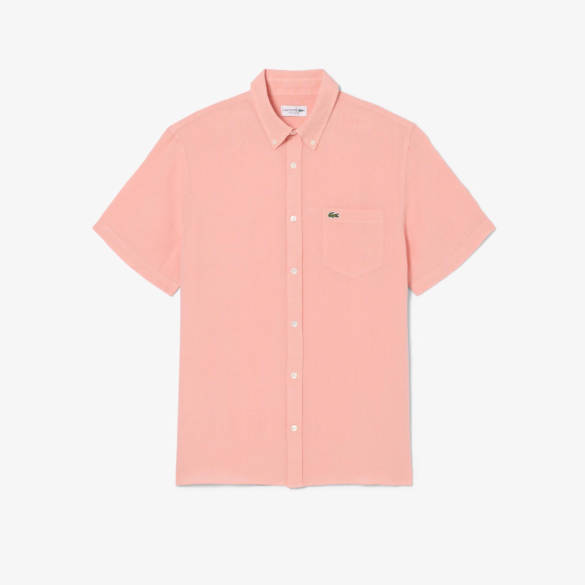 Erkek Regular Fit Kısa Kollu Düğmeli Yaka Keten Pembe Gömlek