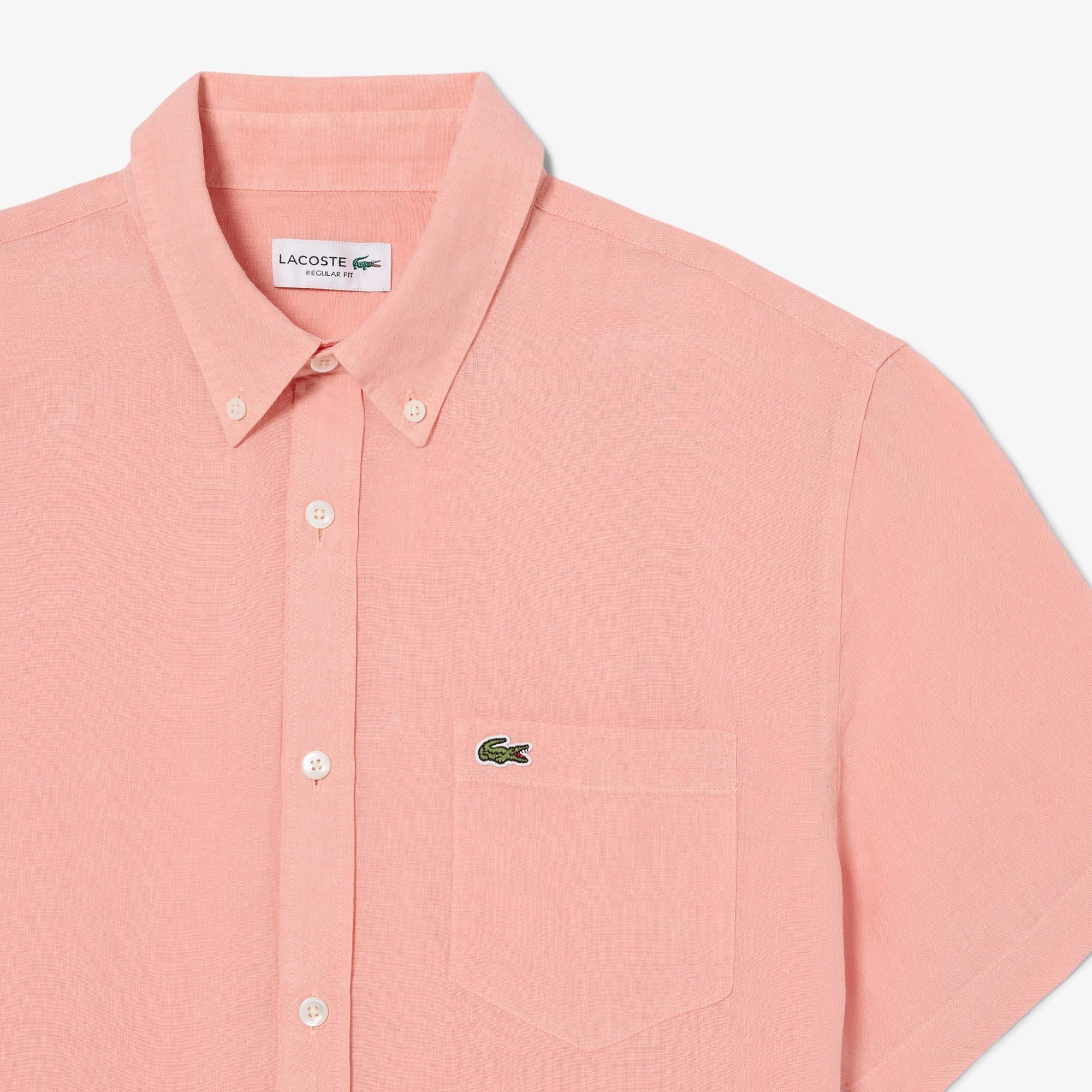 Erkek Regular Fit Kısa Kollu Düğmeli Yaka Keten Pembe Gömlek