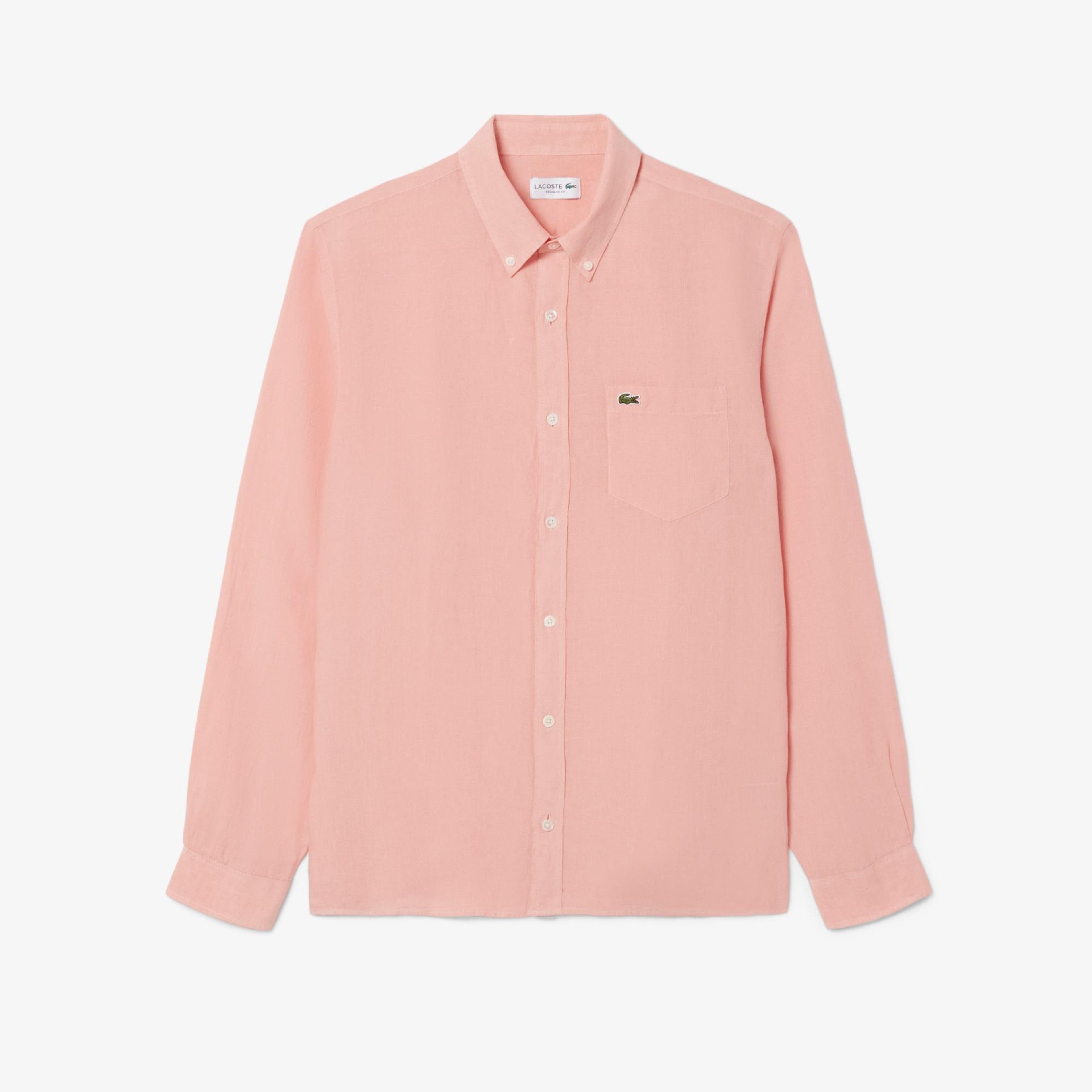 Erkek Regular Fit Düğmeli Yaka Keten Pembe Gömlek