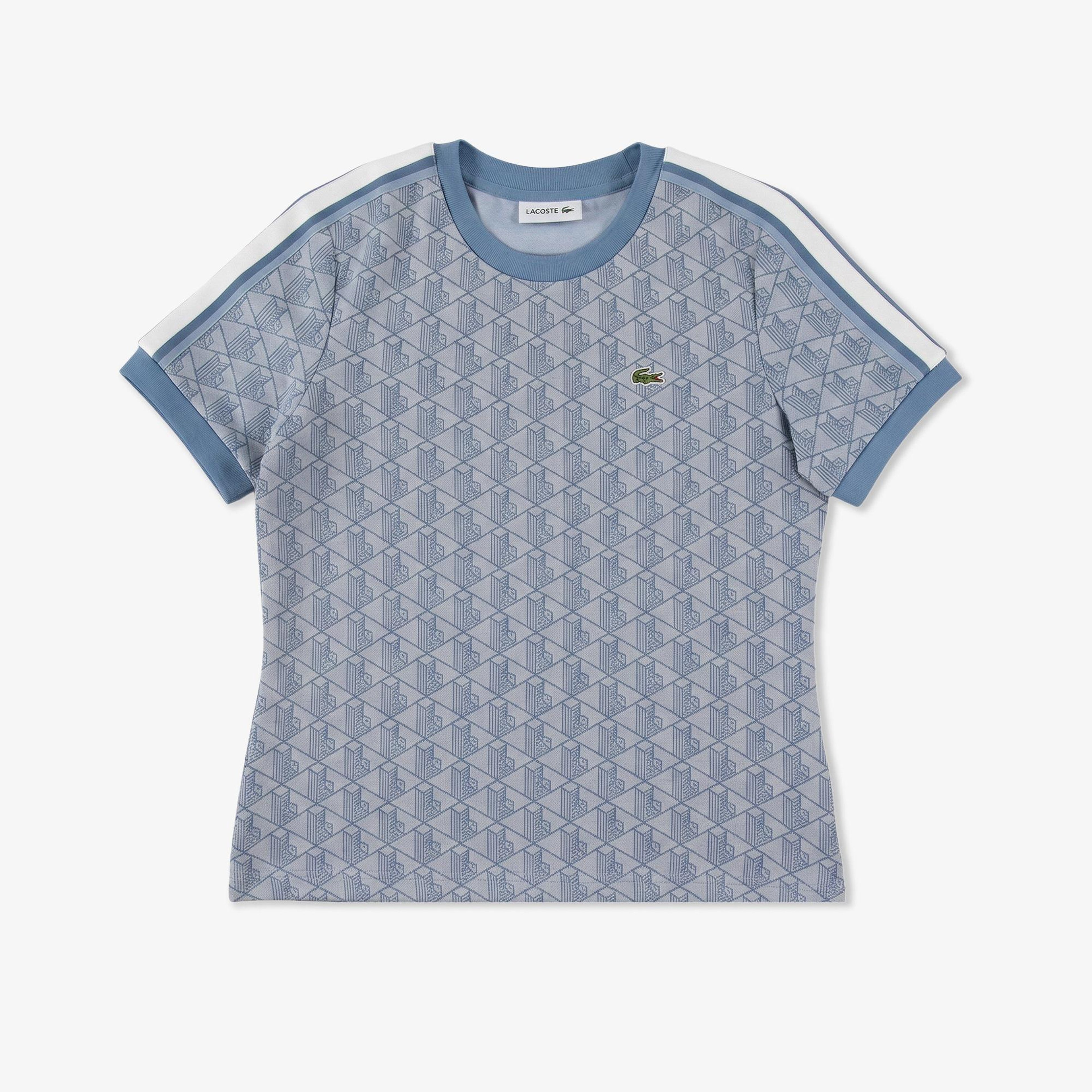 Kadın Slim Fit Bisiklet Yaka Monogram Mavi T-Shirt
