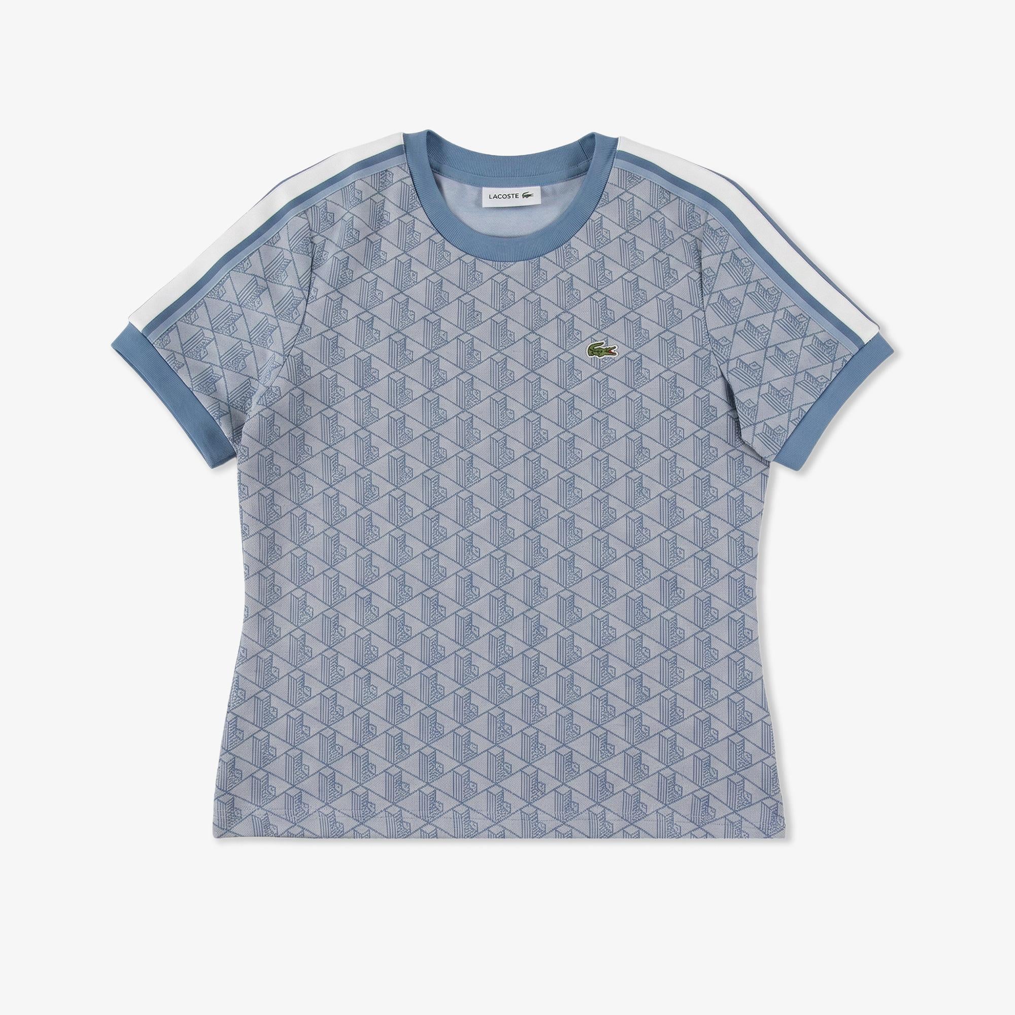Kadın Slim Fit Bisiklet Yaka Monogram Mavi T-Shirt