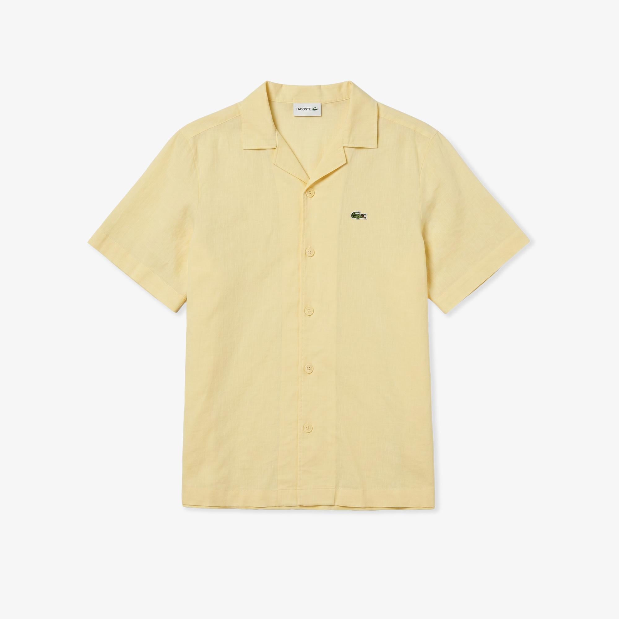 Erkek Relaxed Fit Kısa Kollu Keten Sarı Gömlek